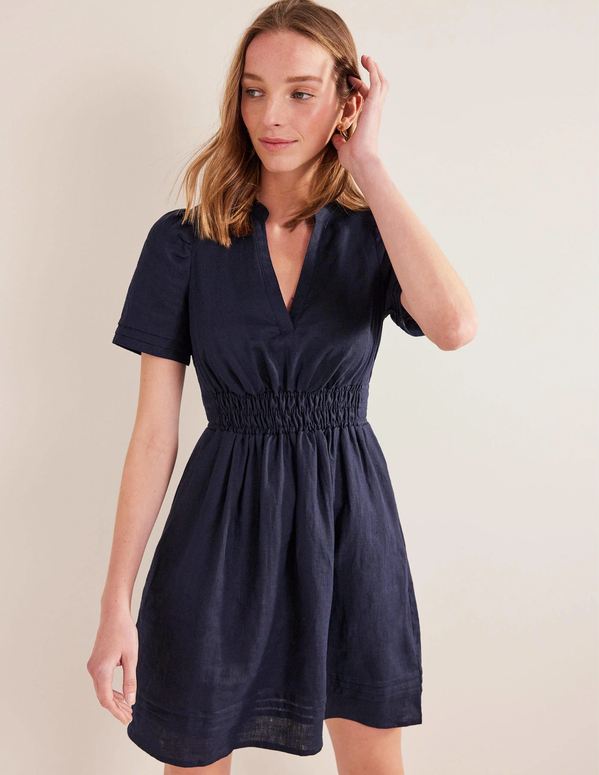 Pintuck Detail Mini Dress-Navy - Image 4
