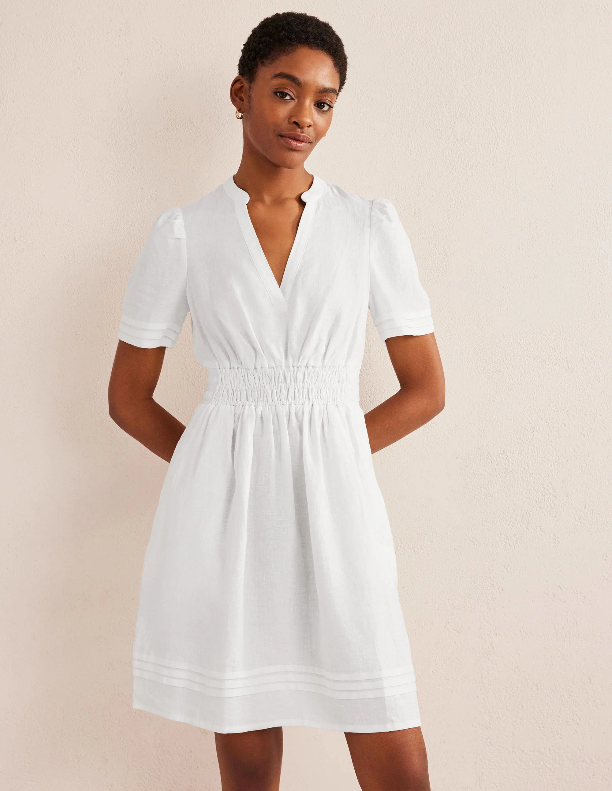 Pintuck Detail Mini Dress-White - Image 4