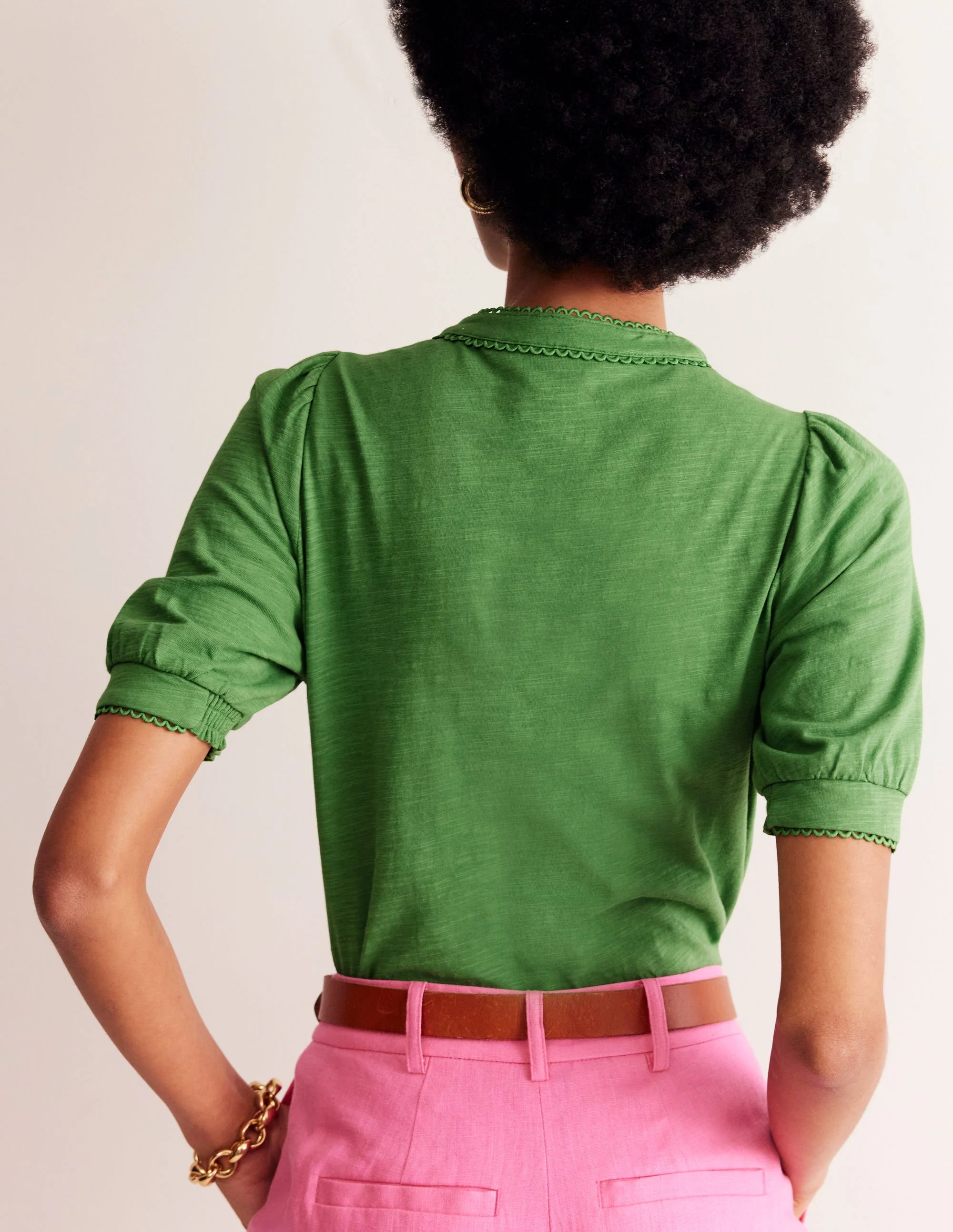Pintuck Puff Sleeve Henley-Lichen - Image 4