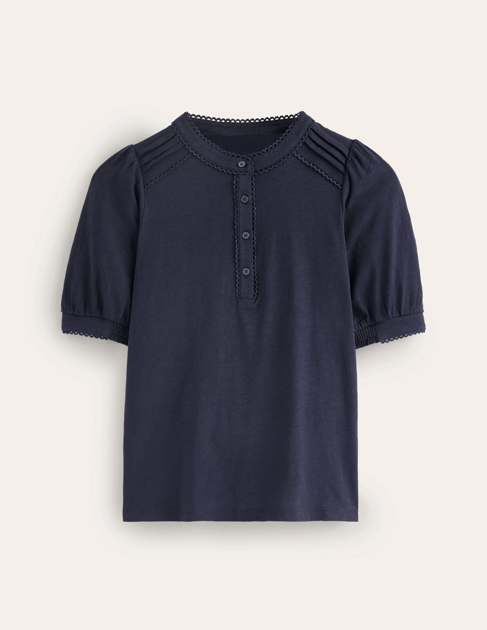Pintuck Puff Sleeve Henley-Navy - Image 5