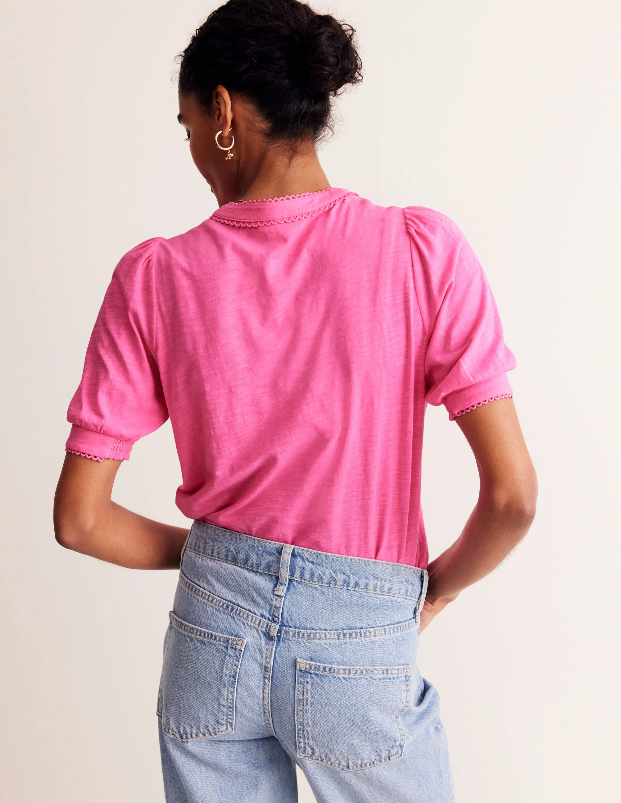 Pintuck Puff Sleeve Henley-Party Pink - Image 3
