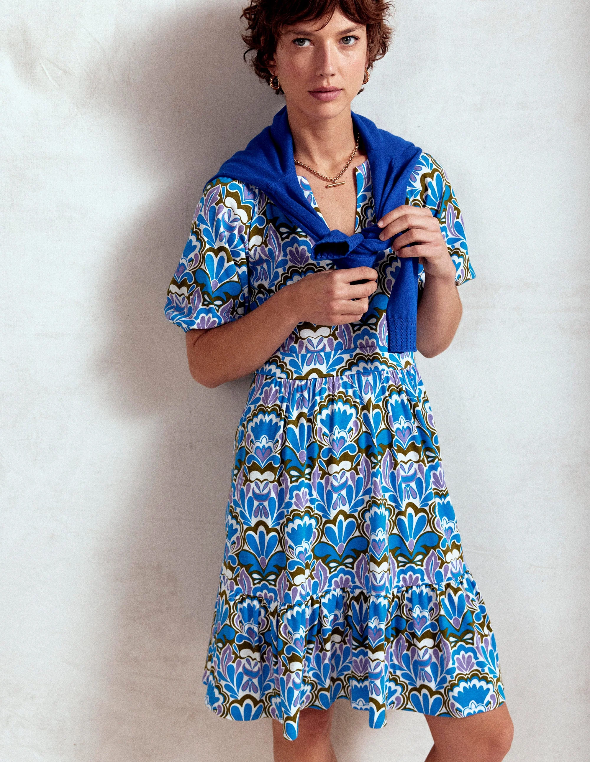 Piper Short Jersey Dress-Kingfisher Blue, Freesia Stamp