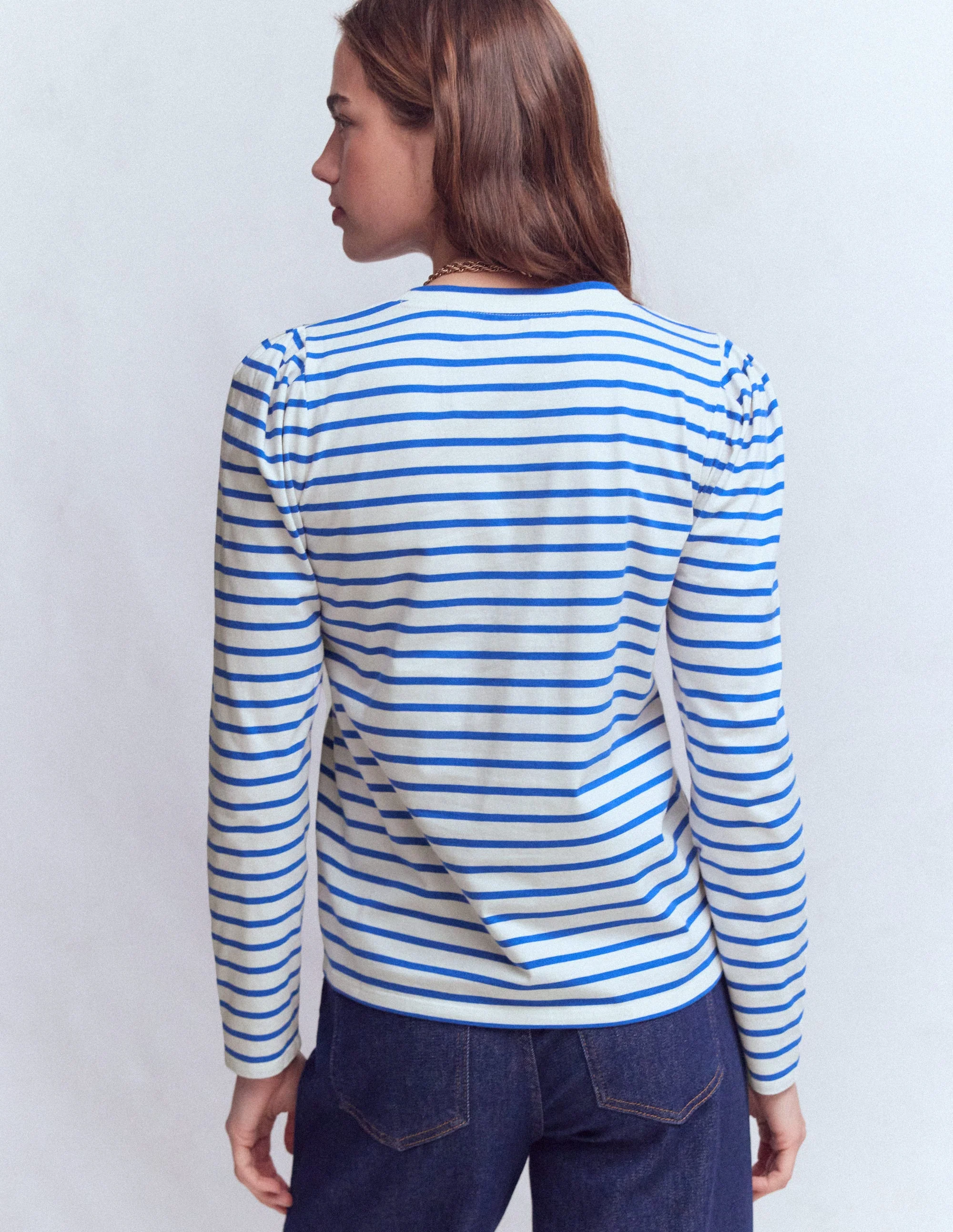 Pleat Sleeve Stripe Top-Beaucoup Blue and Ivory Stripe - Image 4