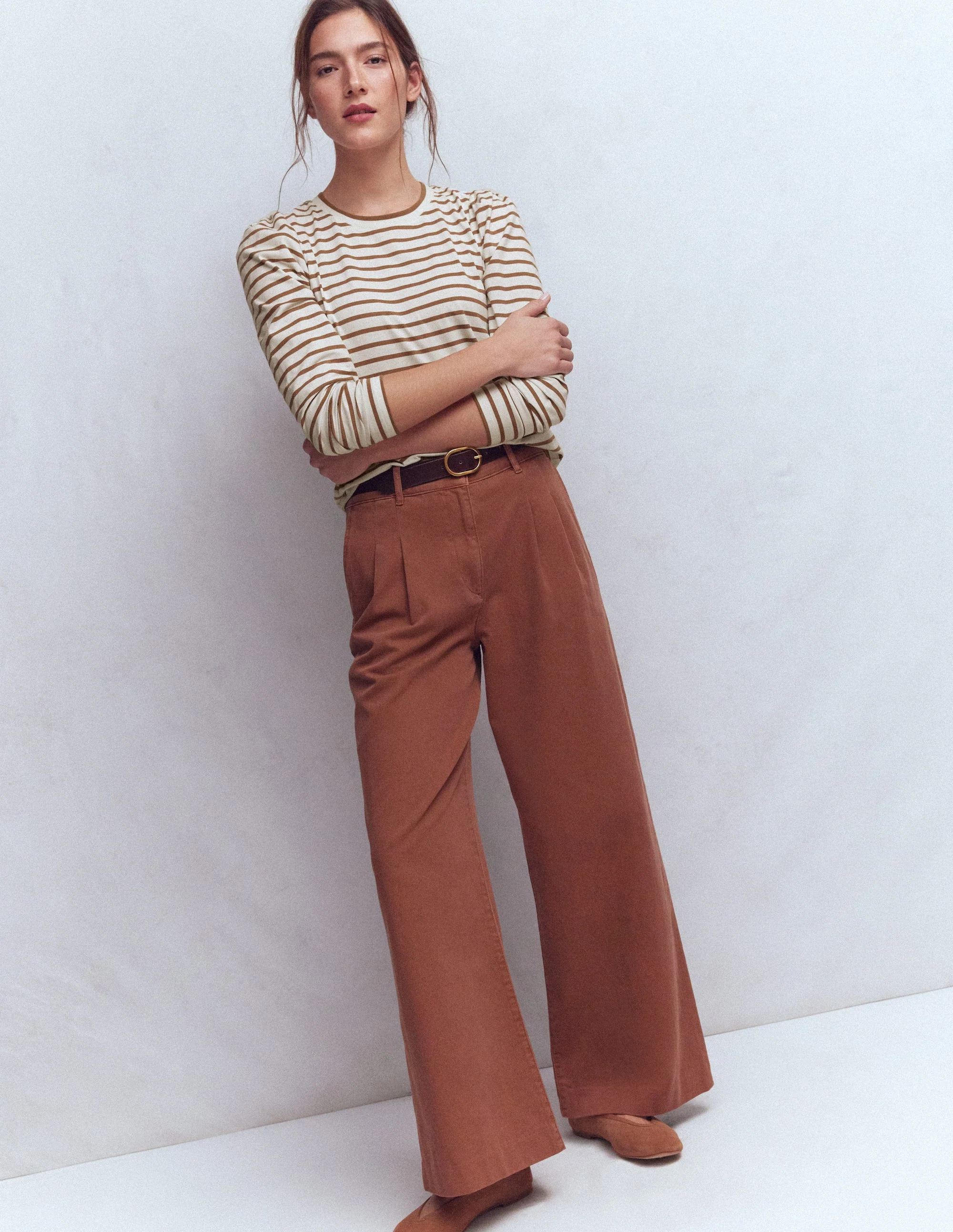 Pleat Sleeve Stripe Top-Ginger and Ivory Stripe