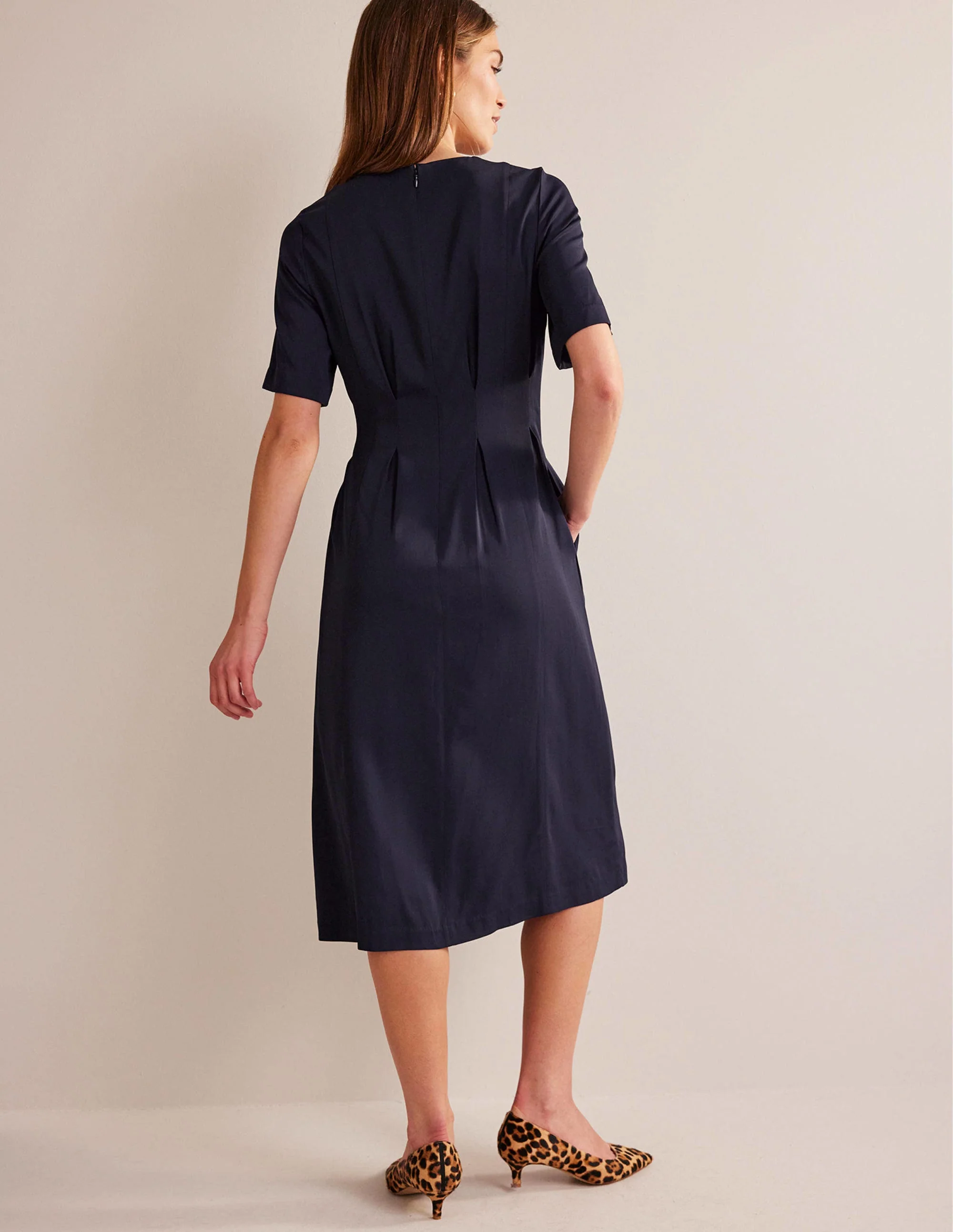 Pleated Midi Dress-Navy - Image 3