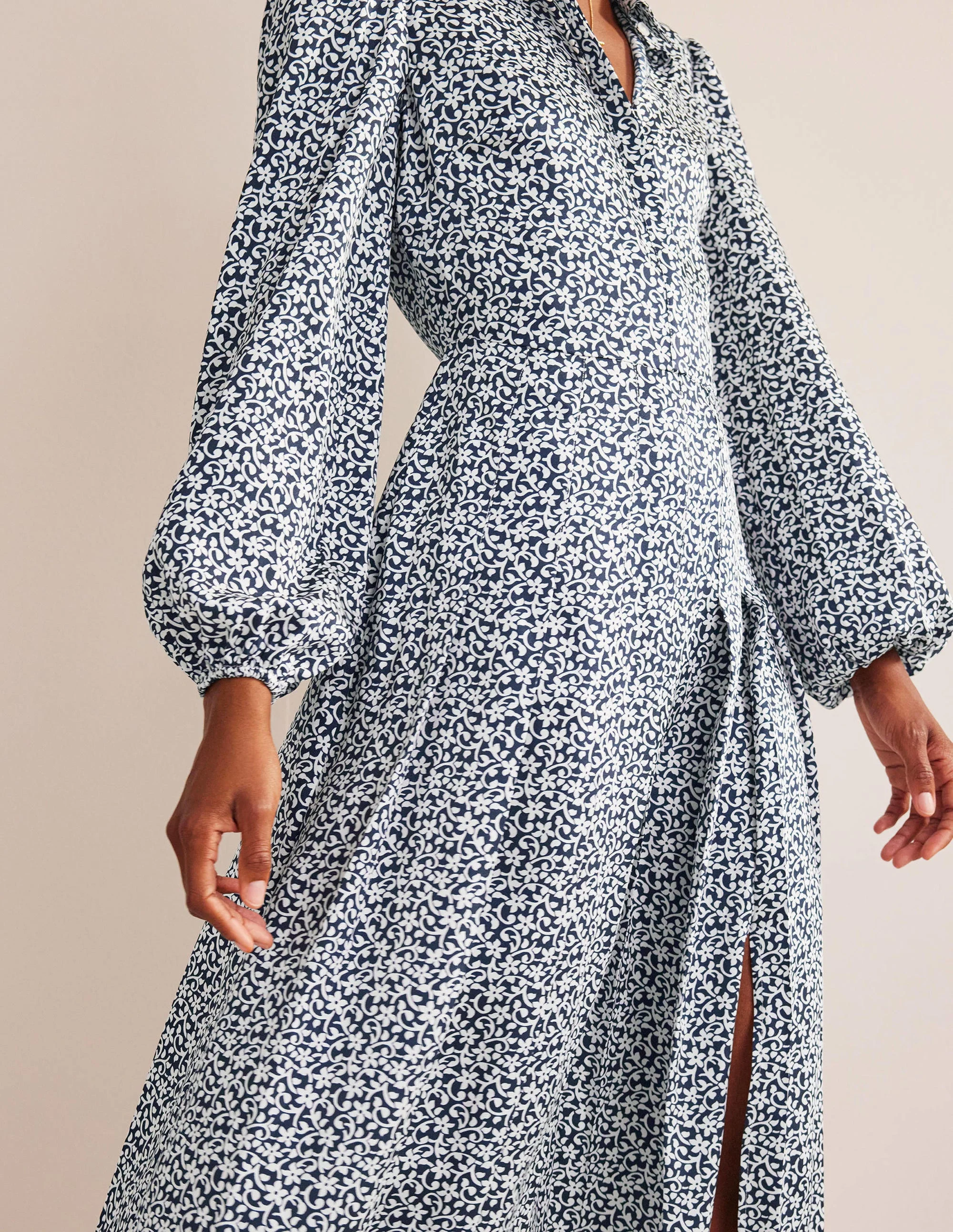 Pleated Skirt Midi Shirt Dress-Navy, Flower Stem - Image 3