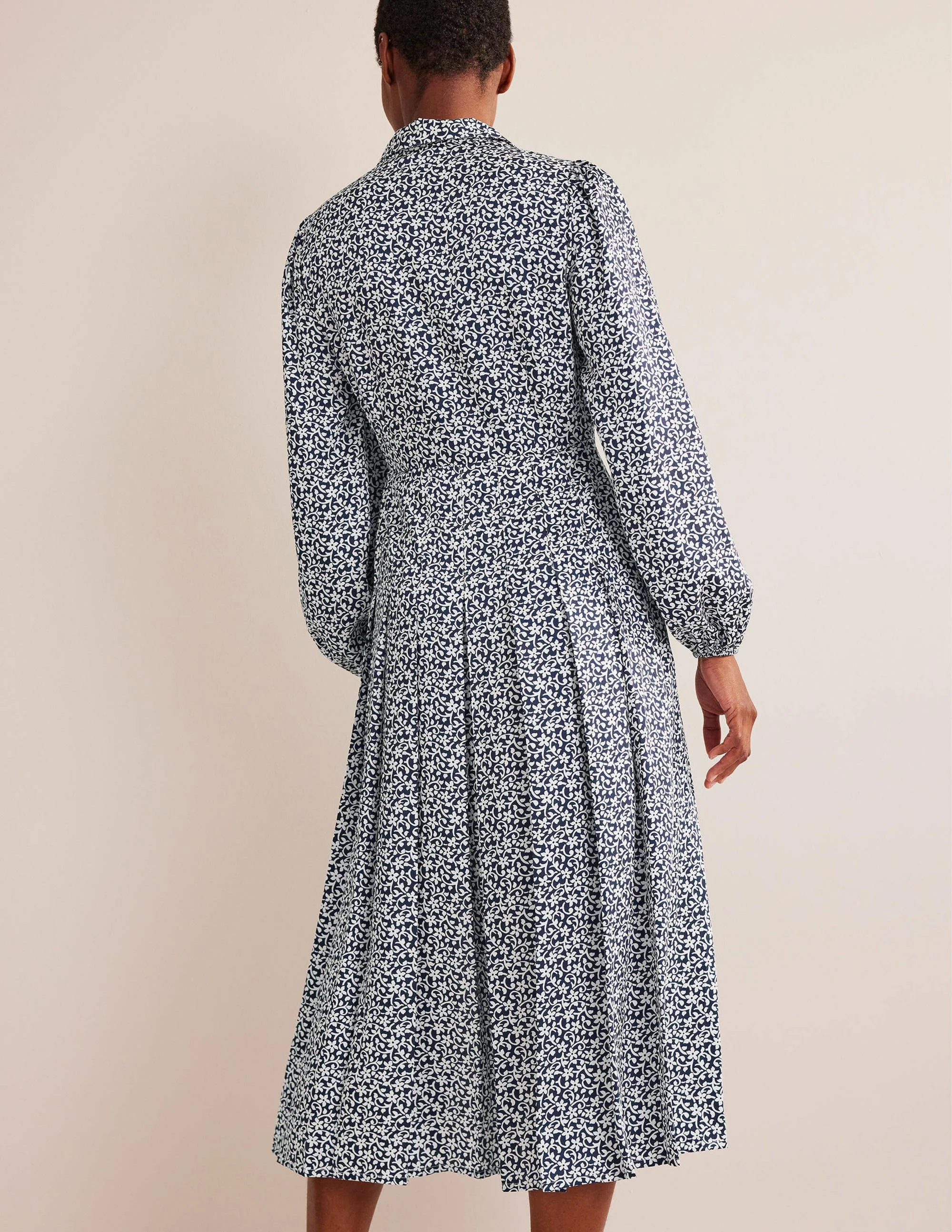 Pleated Skirt Midi Shirt Dress-Navy, Flower Stem - Image 4