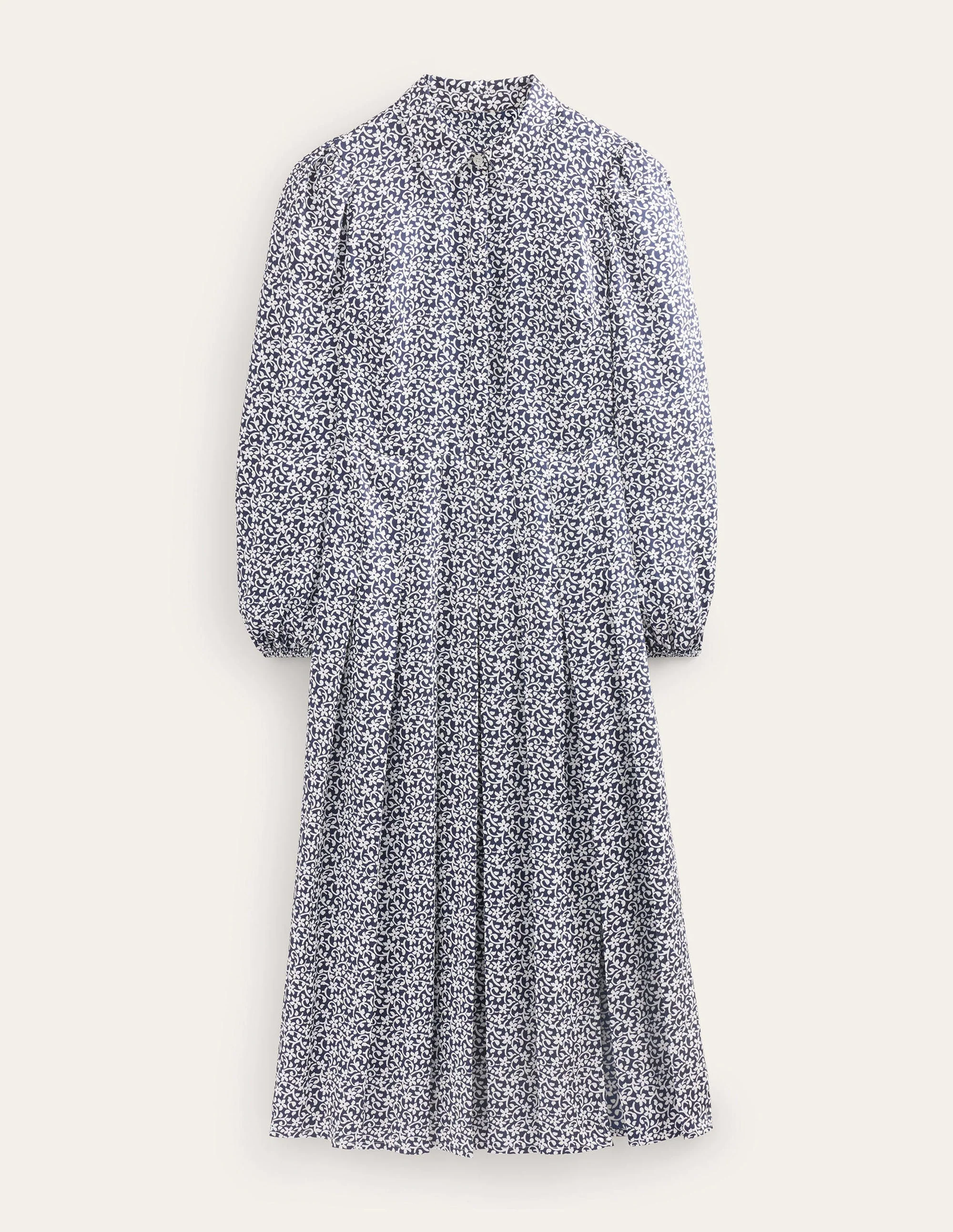 Pleated Skirt Midi Shirt Dress-Navy, Flower Stem - Image 7