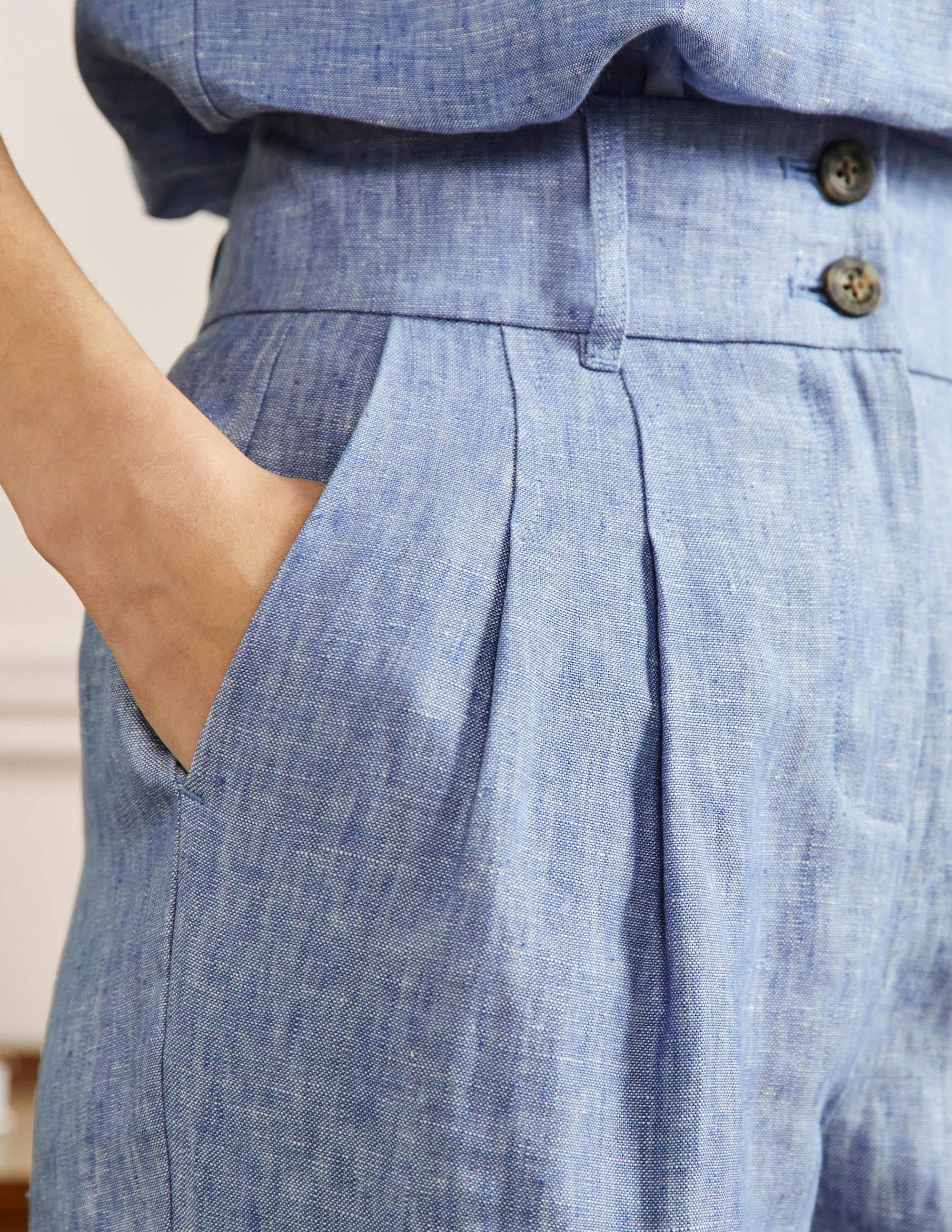 Pleated Turn Up Linen Pants-Grey Blue Chambray - Image 2