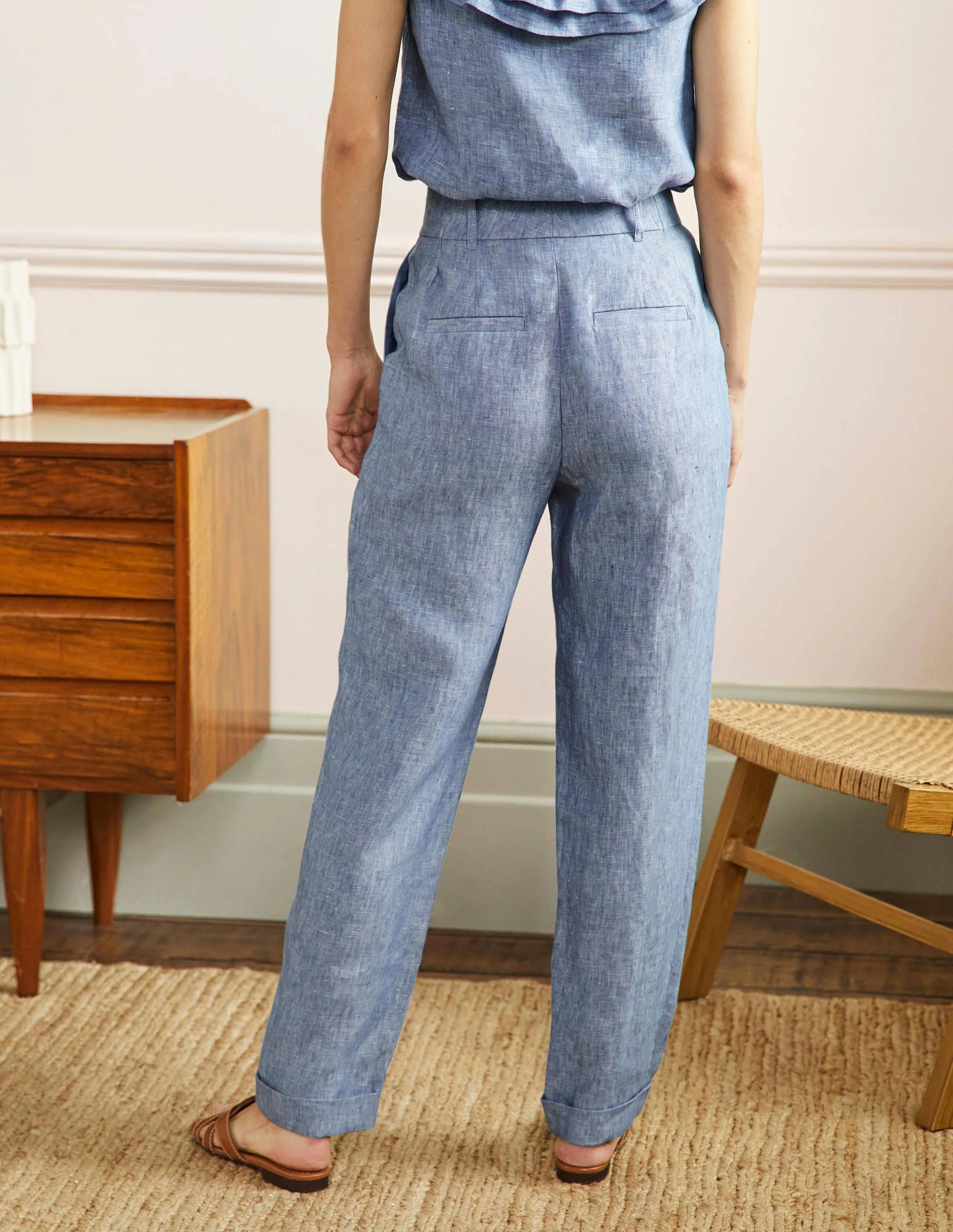 Pleated Turn Up Linen Pants-Grey Blue Chambray - Image 3