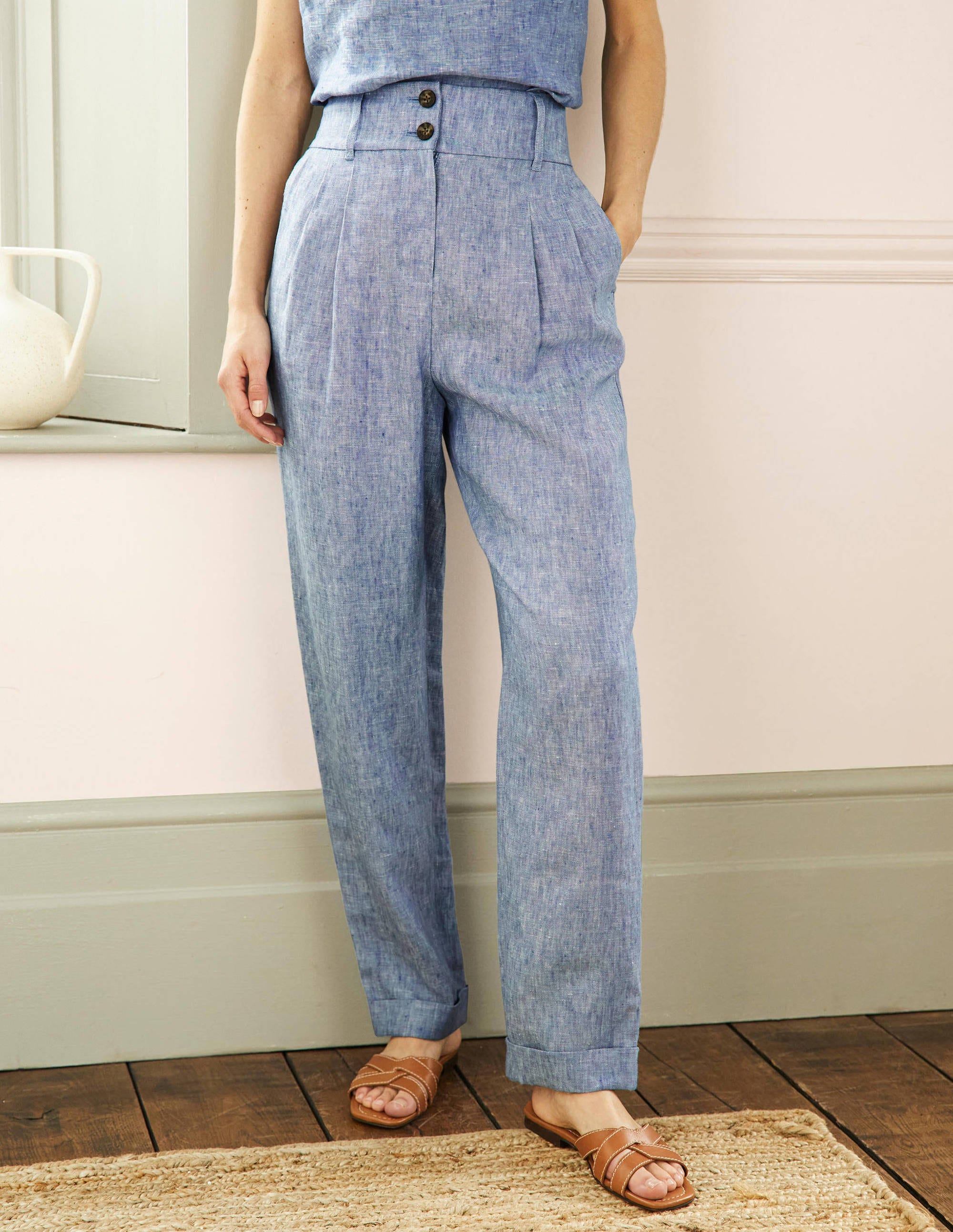 Pleated Turn Up Linen Pants-Grey Blue Chambray - Image 4