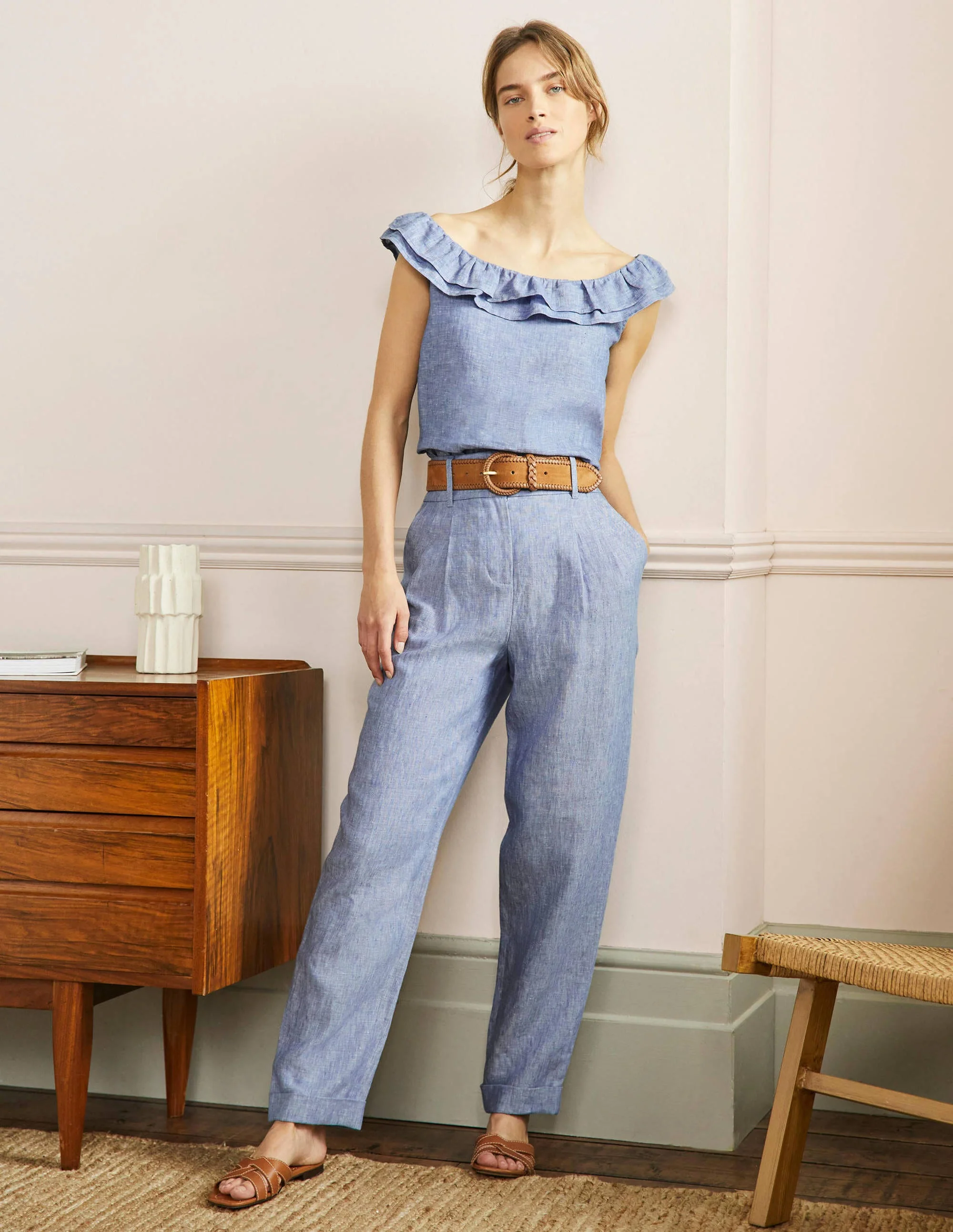 Pleated Turn Up Linen Pants-Grey Blue Chambray - Image 5