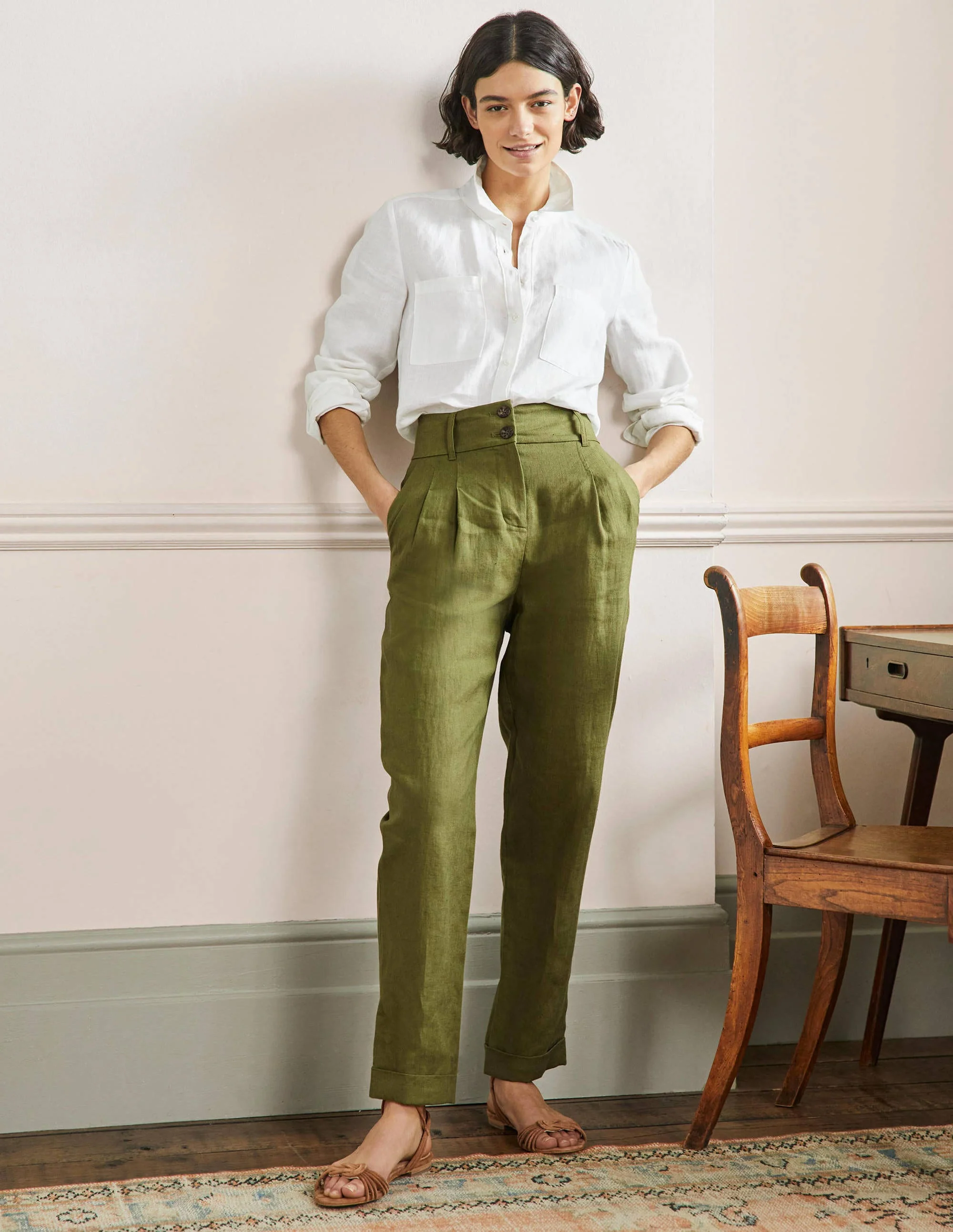 Pleated Turn Up Linen Pants-Pea Green
