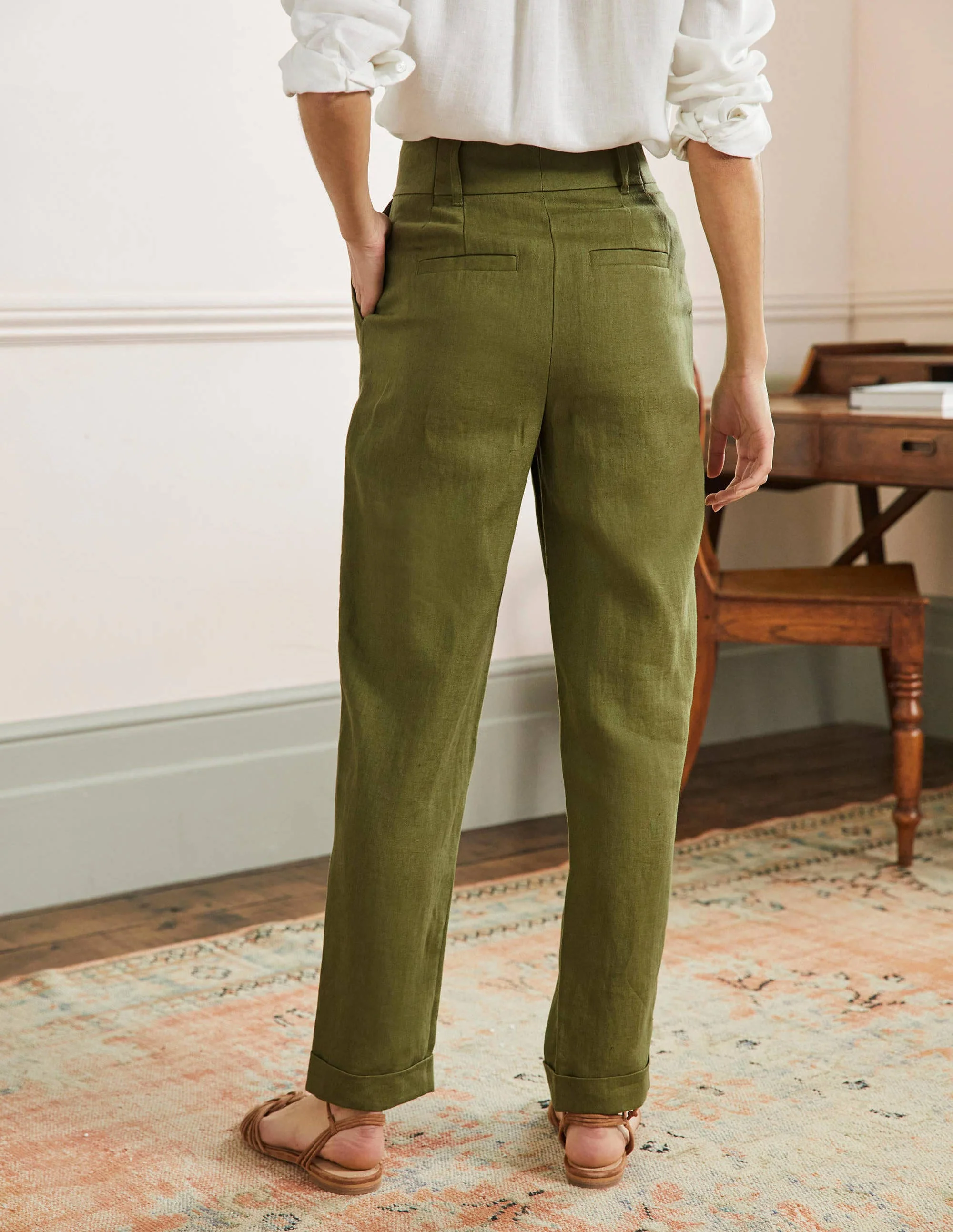 Pleated Turn Up Linen Pants-Pea Green - Image 3