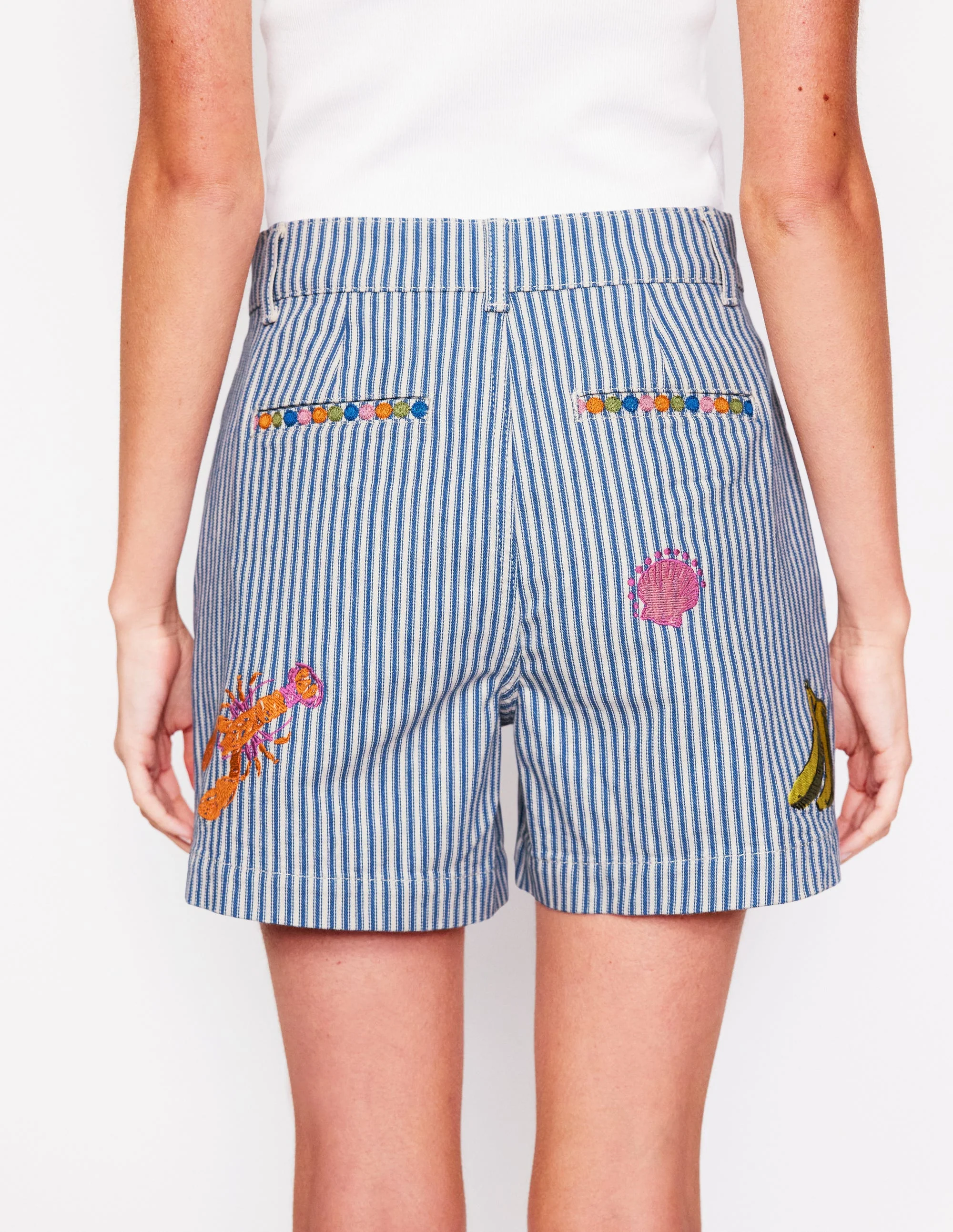 Pocket Front Denim Shorts-Ticking Stripe Embroidery - Image 4
