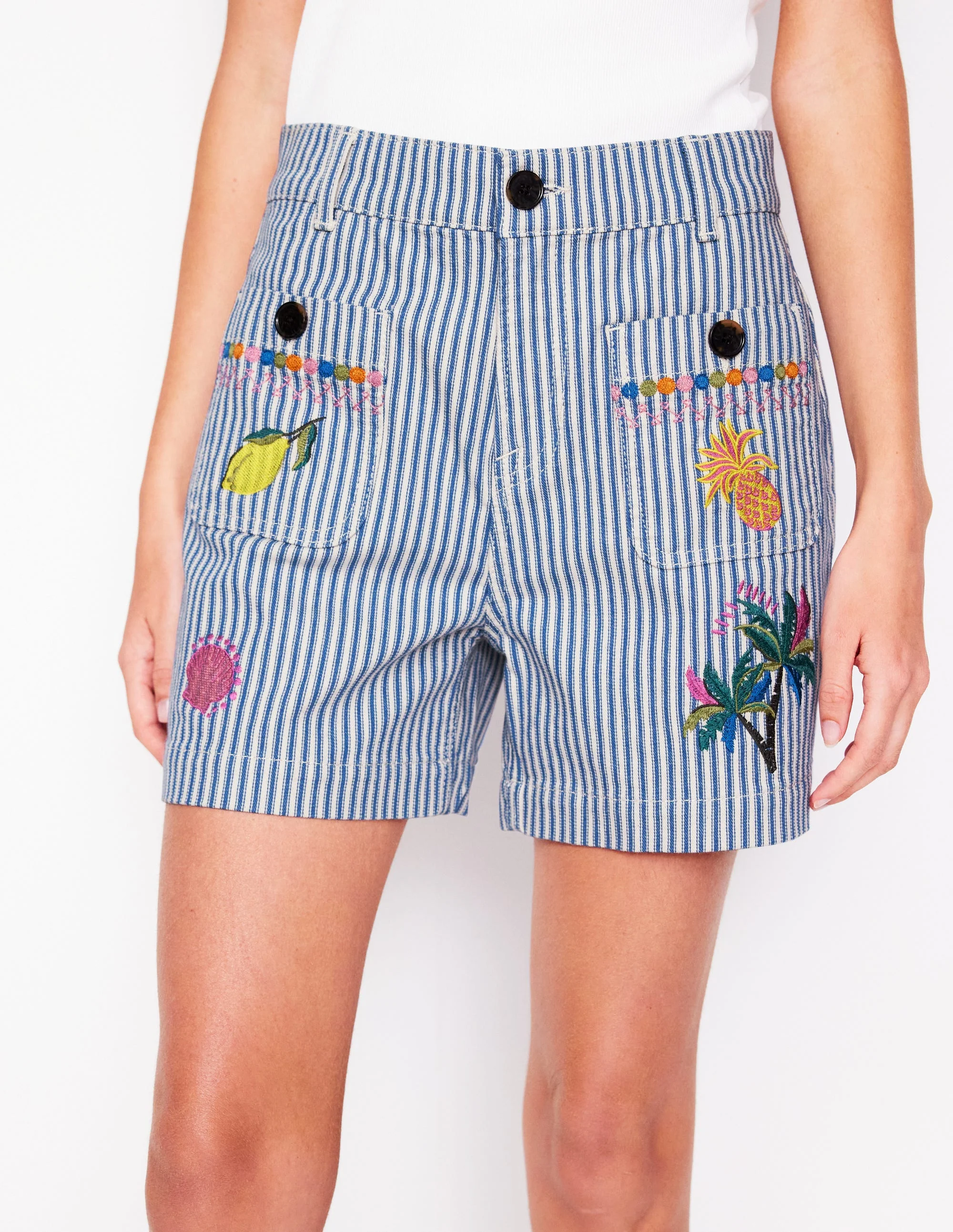 Pocket Front Denim Shorts-Ticking Stripe Embroidery - Image 5