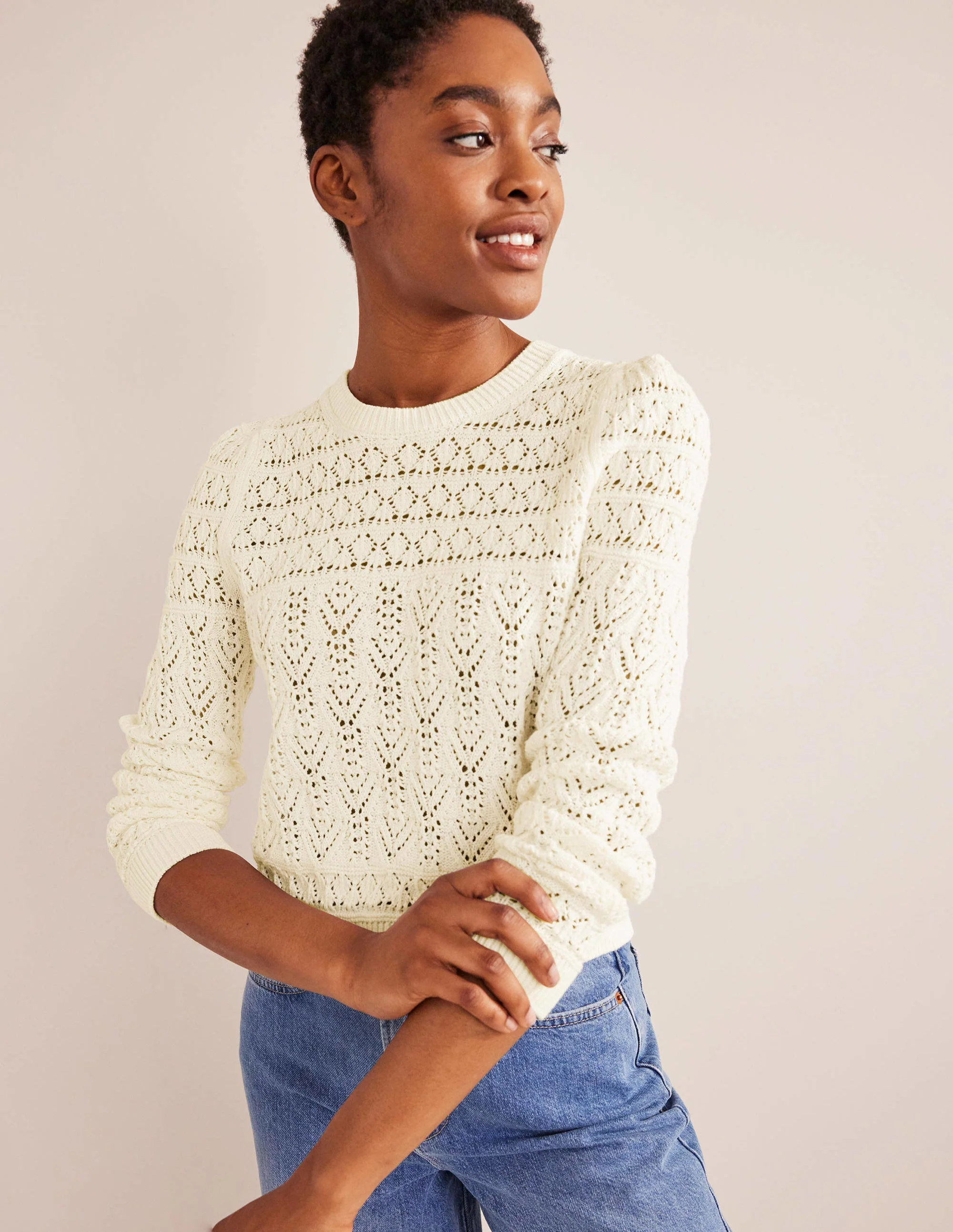 Pointelle Cotton Sweater-Warm Ivory