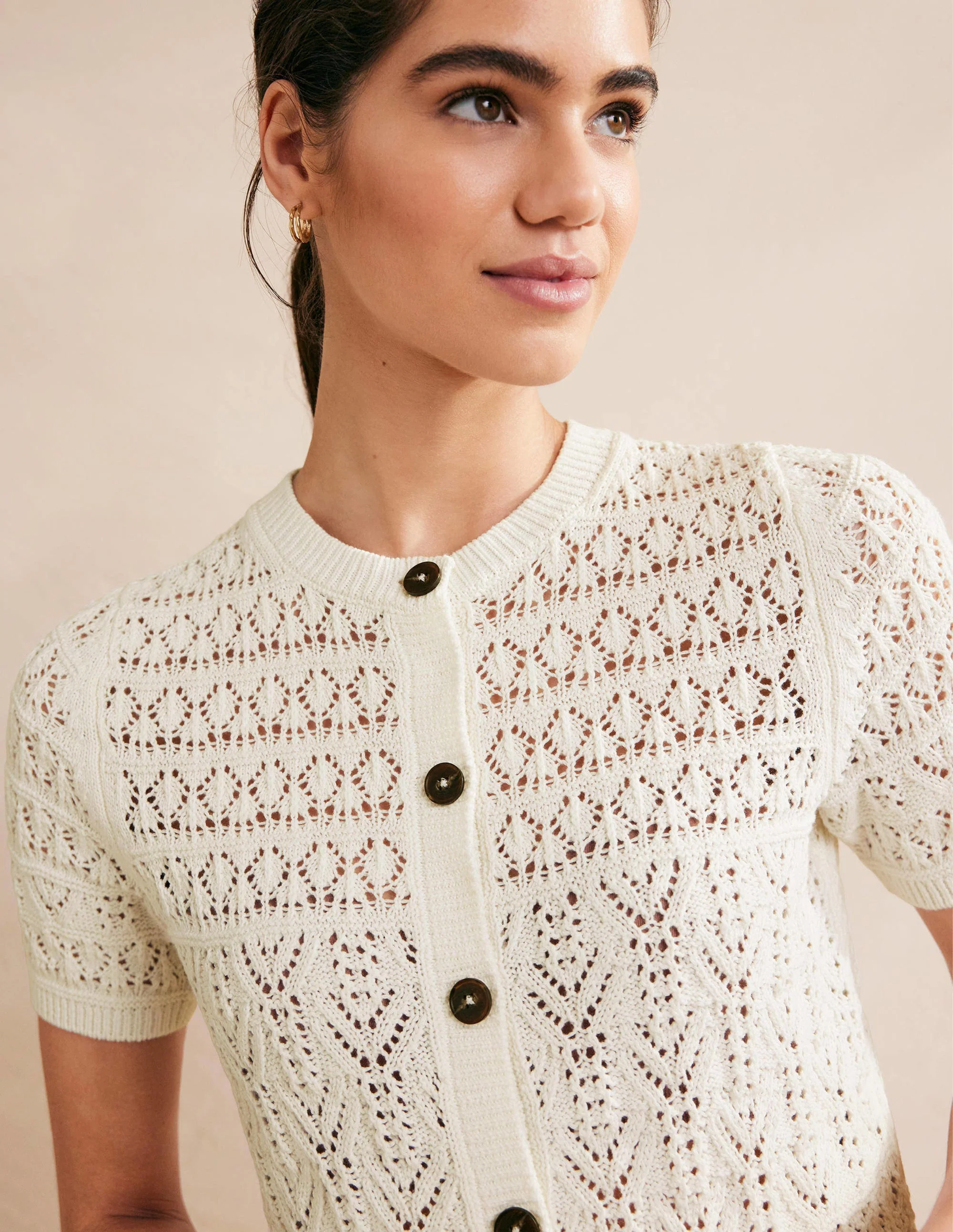 Pointelle Crew Neck Cardigan-Warm Ivory - Image 2