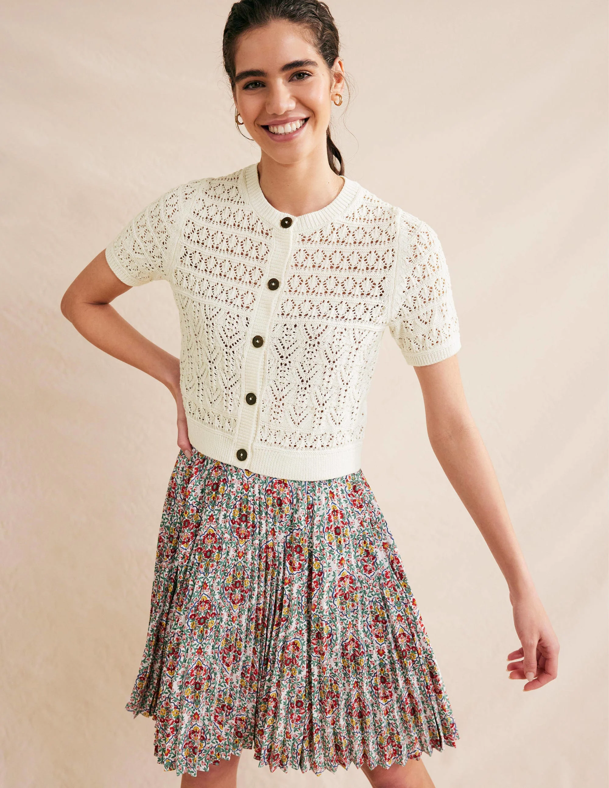 Pointelle Crew Neck Cardigan-Warm Ivory - Image 4