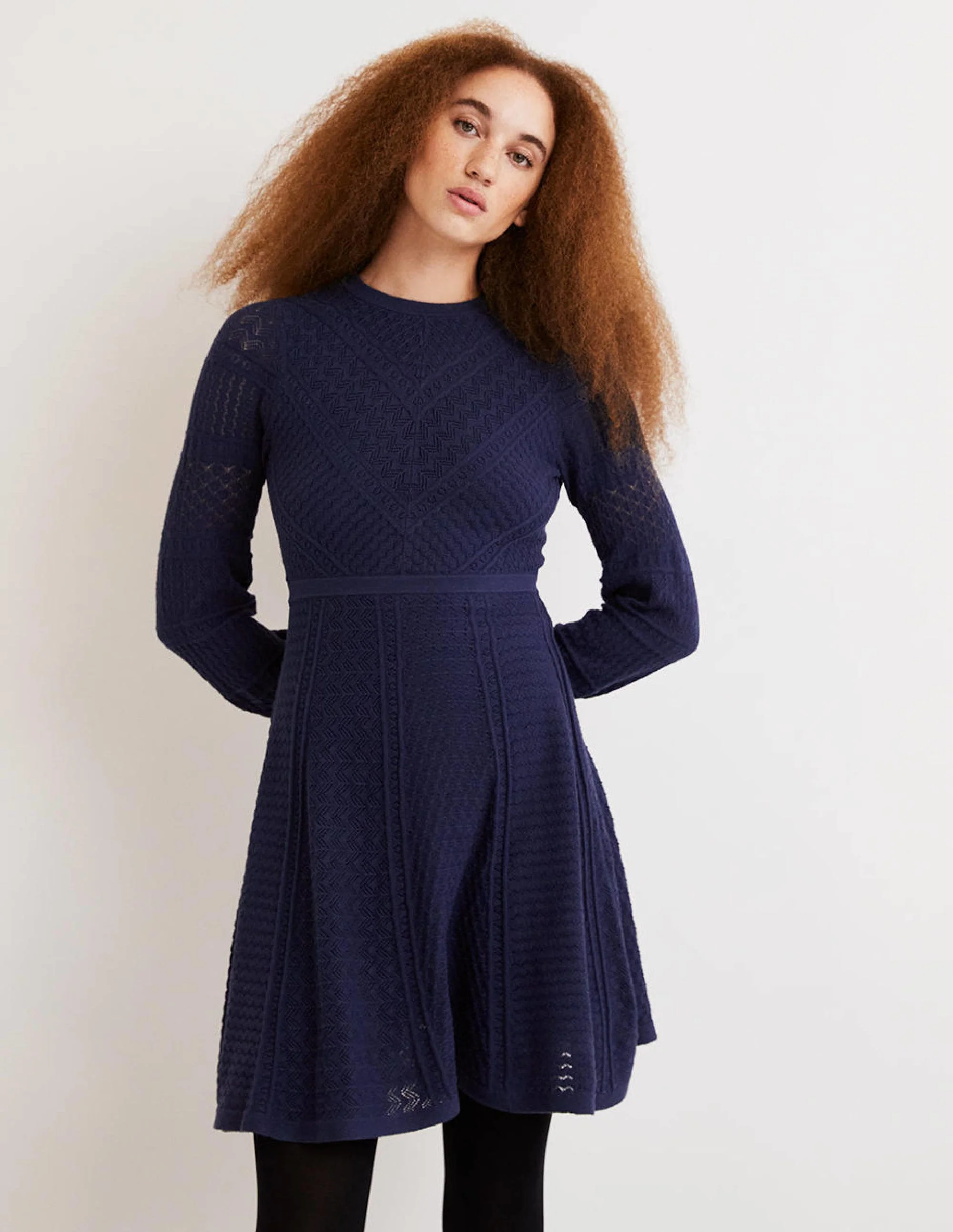 Pointelle Knitted Mini Dress-Night Blue