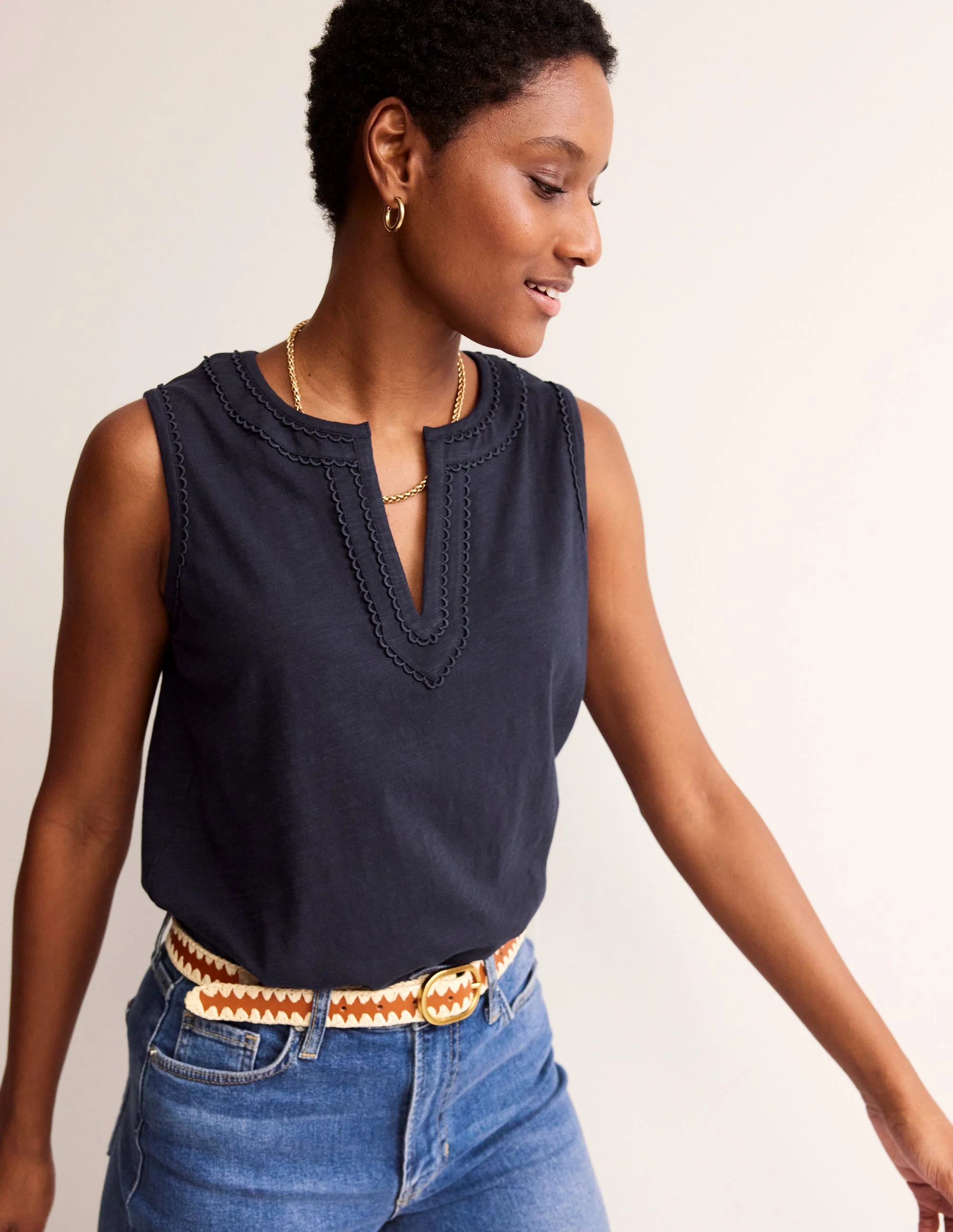 Pom Trim Detail Tank Top-Navy