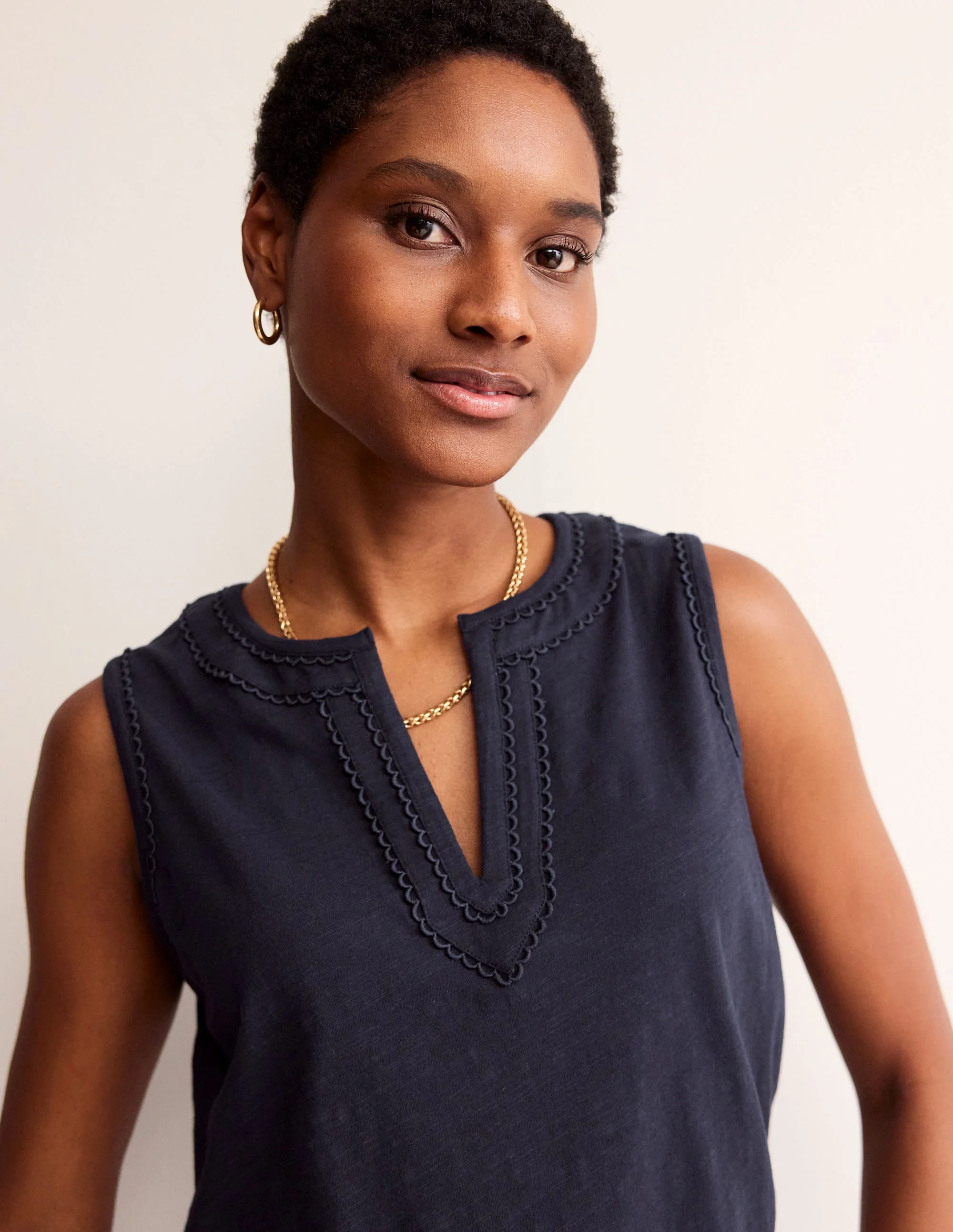 Pom Trim Detail Tank Top-Navy - Image 2