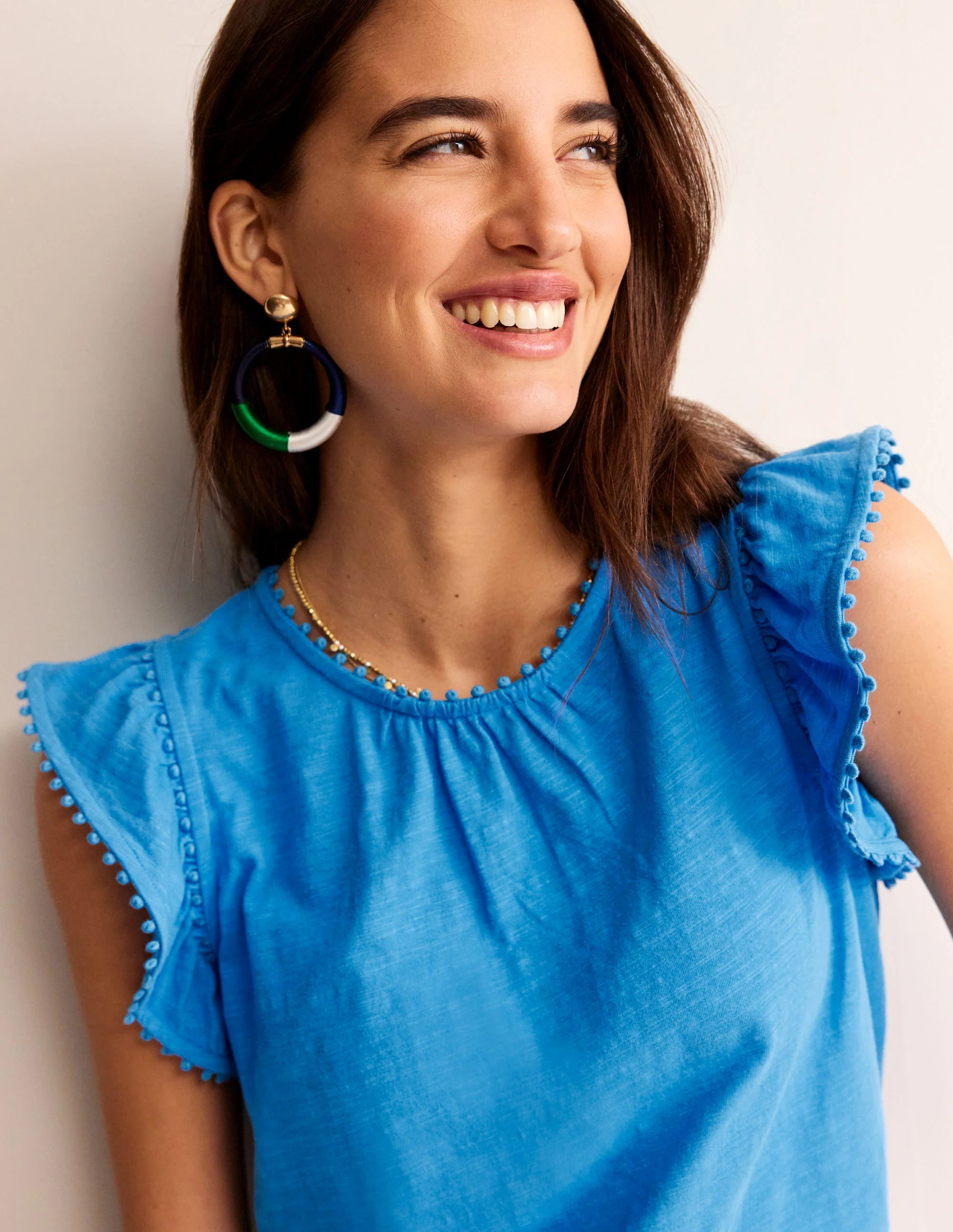 Pom Trim Ruffle Sleeve Top-Brilliant Blue