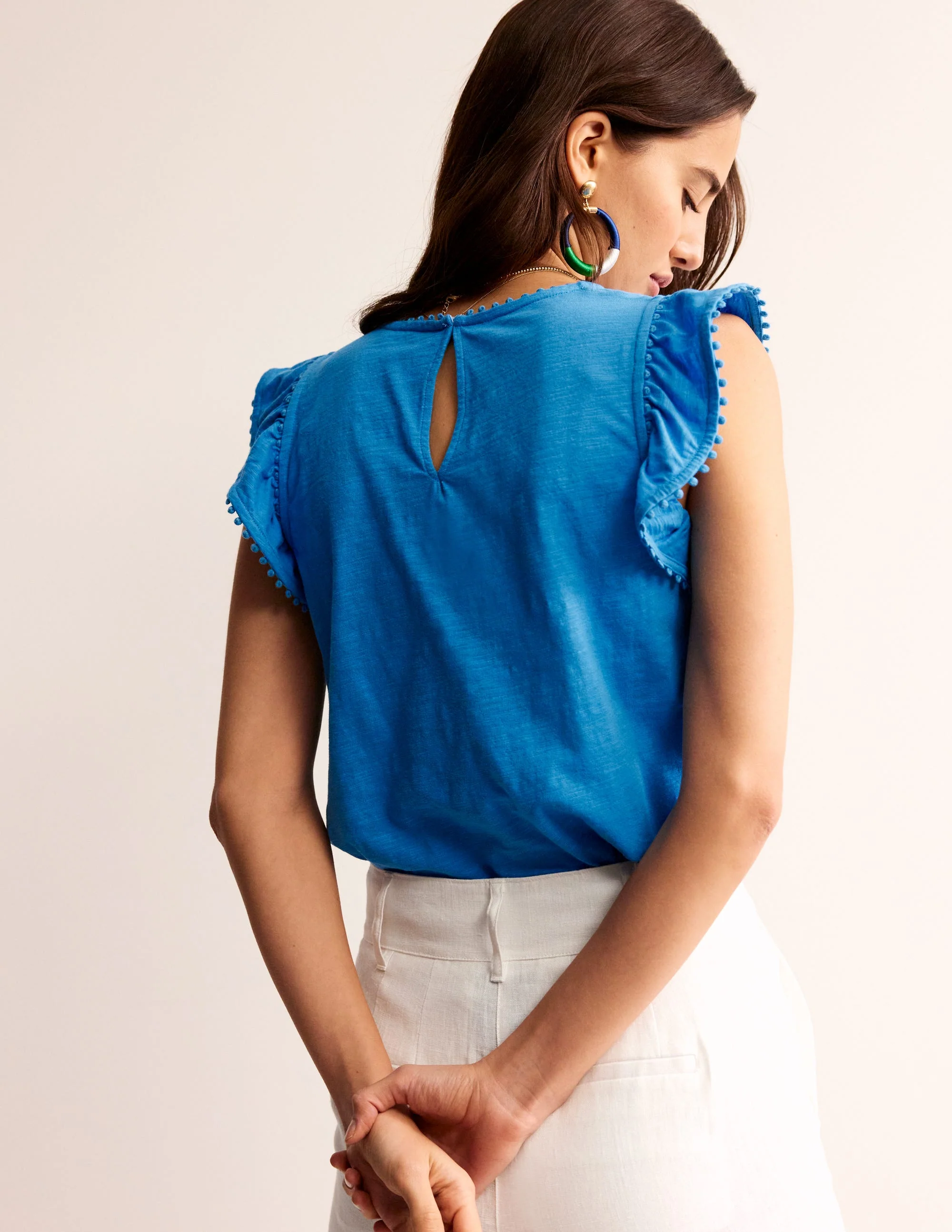 Pom Trim Ruffle Sleeve Top-Brilliant Blue - Image 3