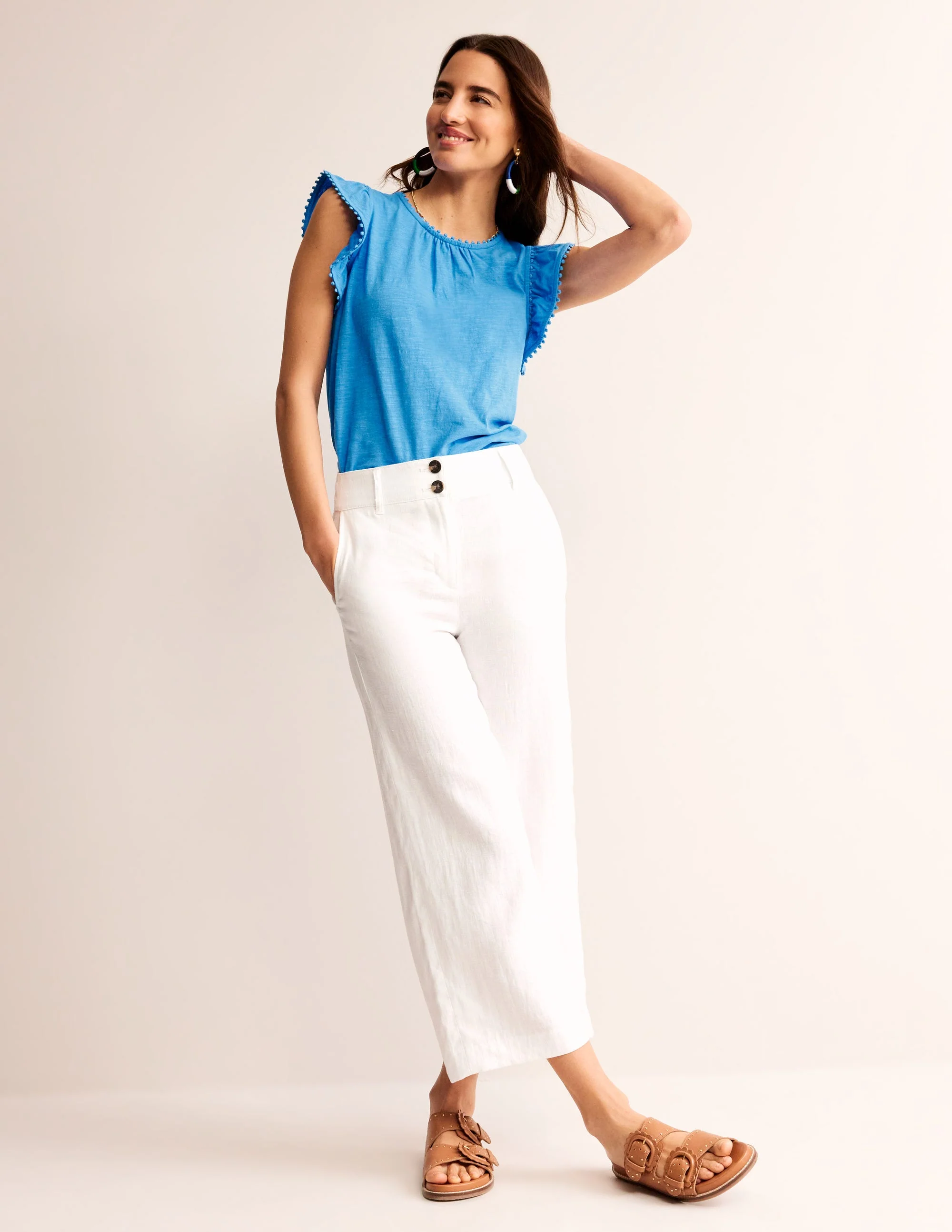 Pom Trim Ruffle Sleeve Top-Brilliant Blue - Image 4