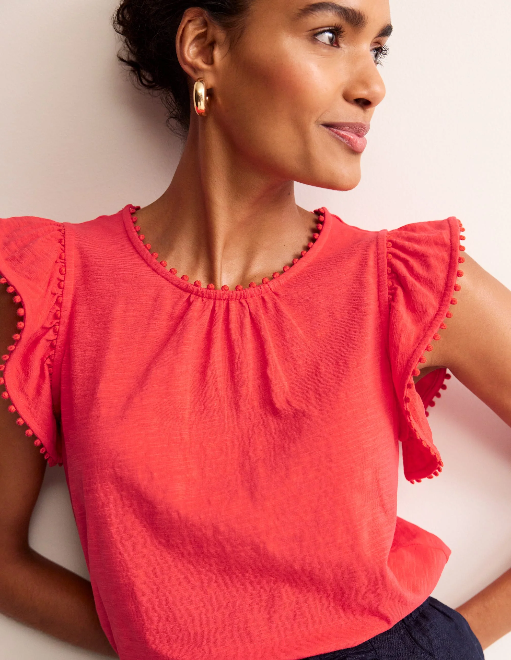 Pom Trim Ruffle Sleeve Top-Hibiscus