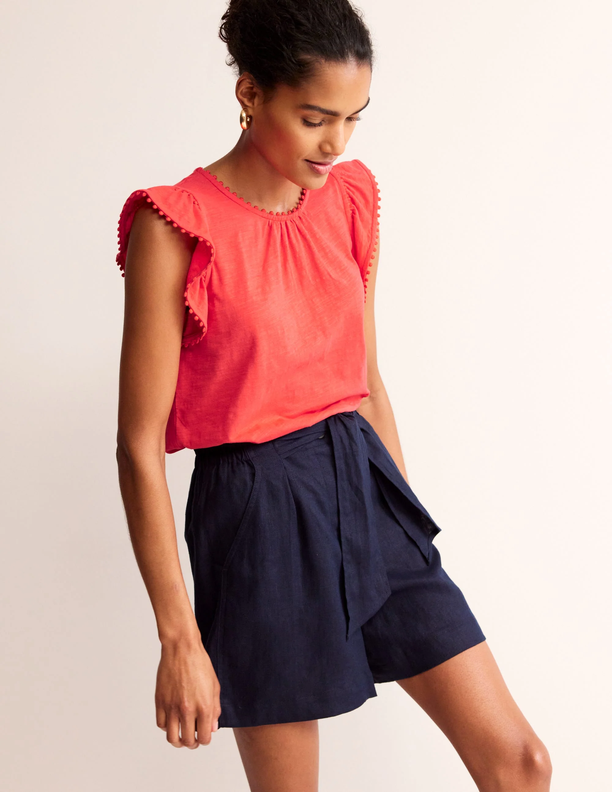 Pom Trim Ruffle Sleeve Top-Hibiscus - Image 4