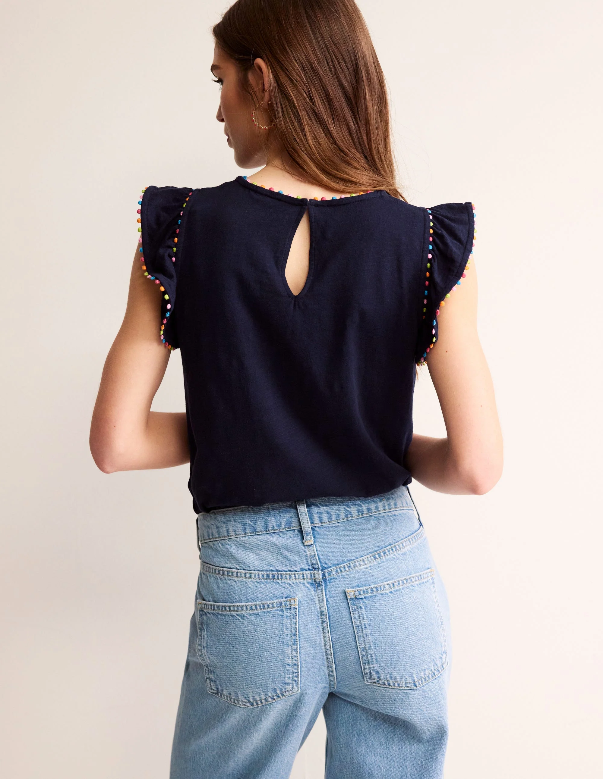 Pom Trim Ruffle Sleeve Top-Navy - Image 3