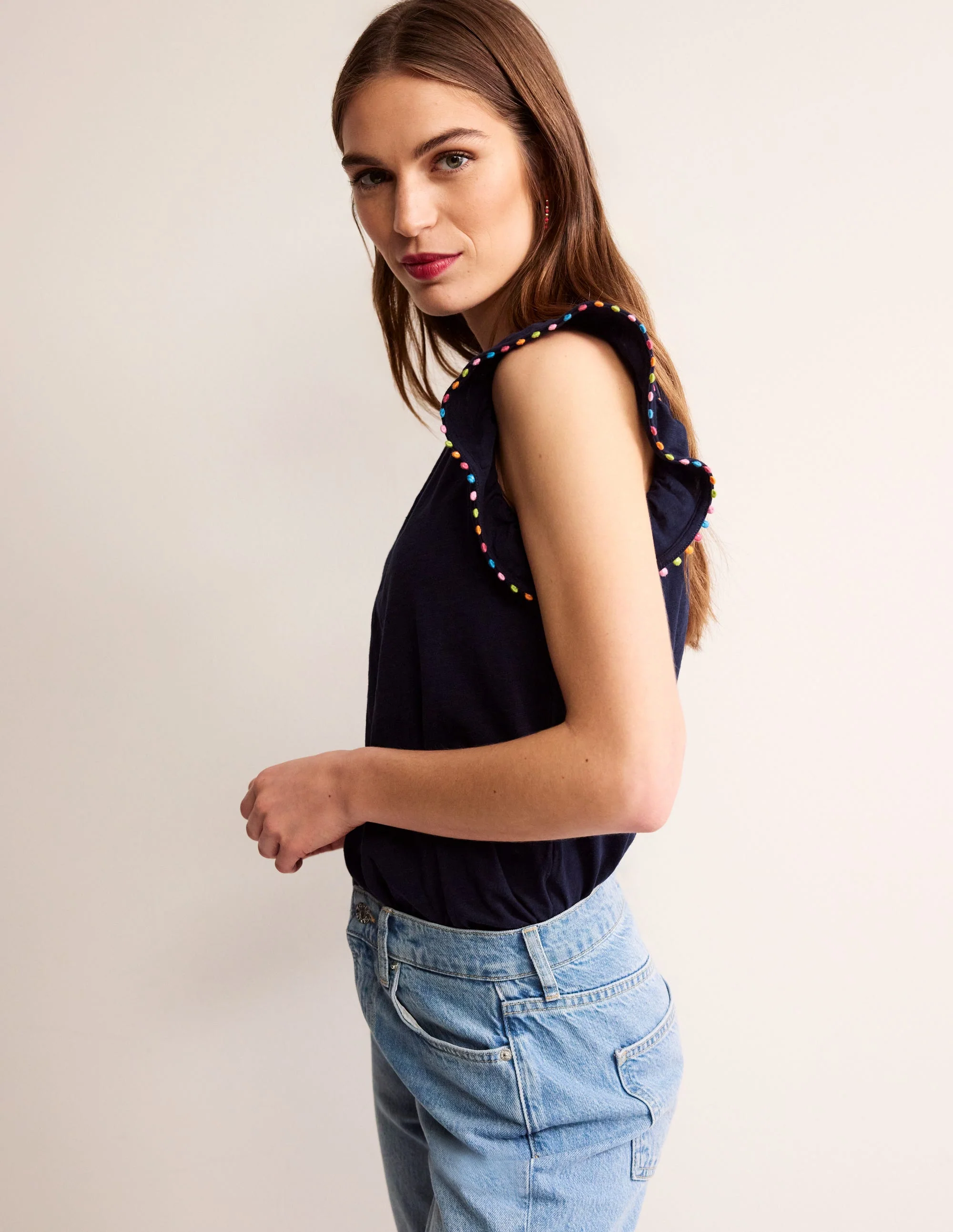 Pom Trim Ruffle Sleeve Top-Navy - Image 4