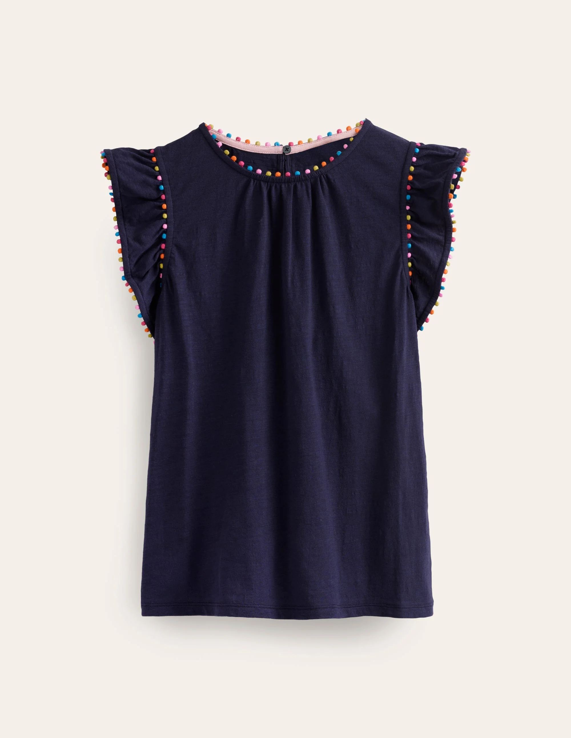 Pom Trim Ruffle Sleeve Top-Navy - Image 5