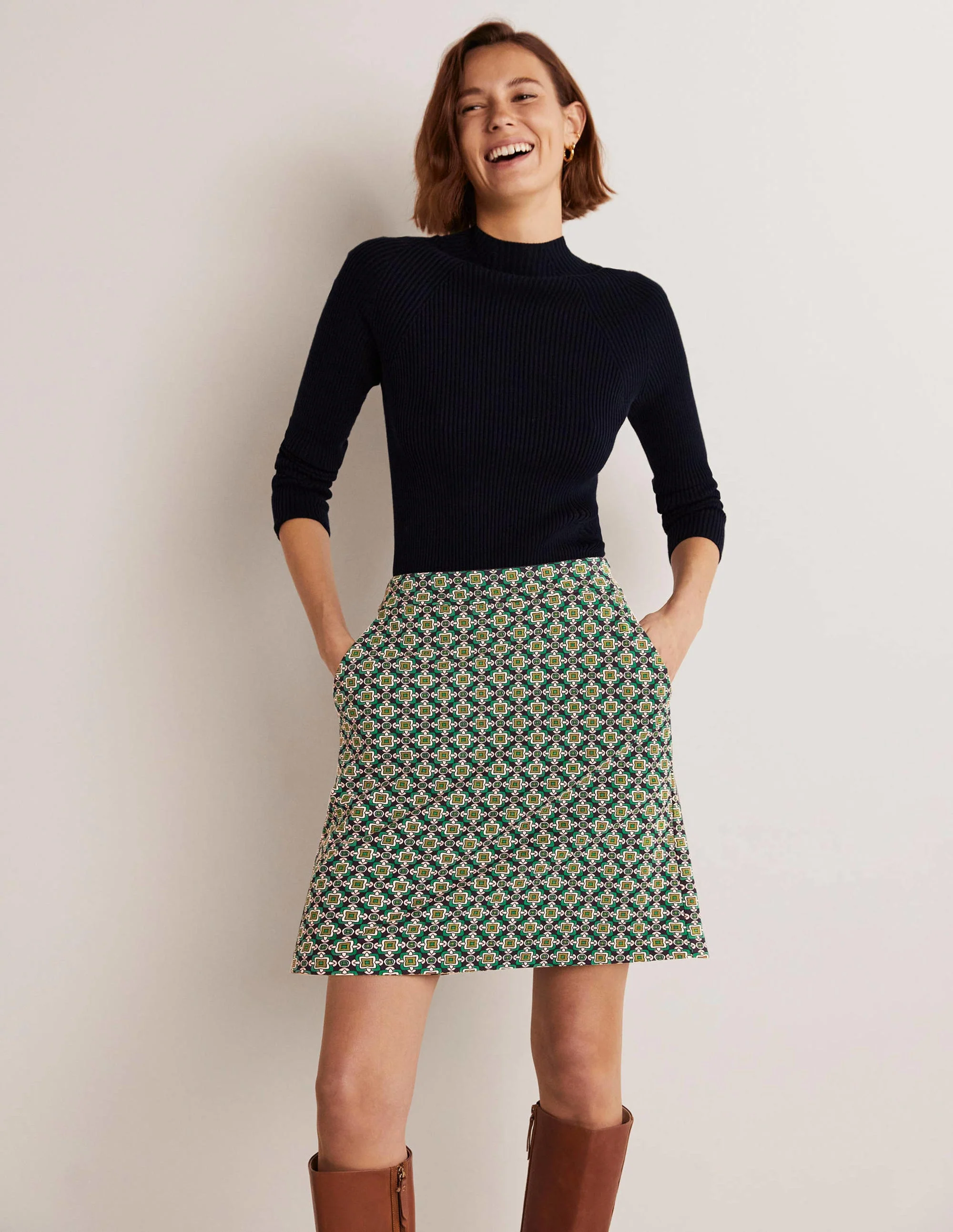 Ponte A-line Mini Skirt-Shady Glade Green, Square Geo
