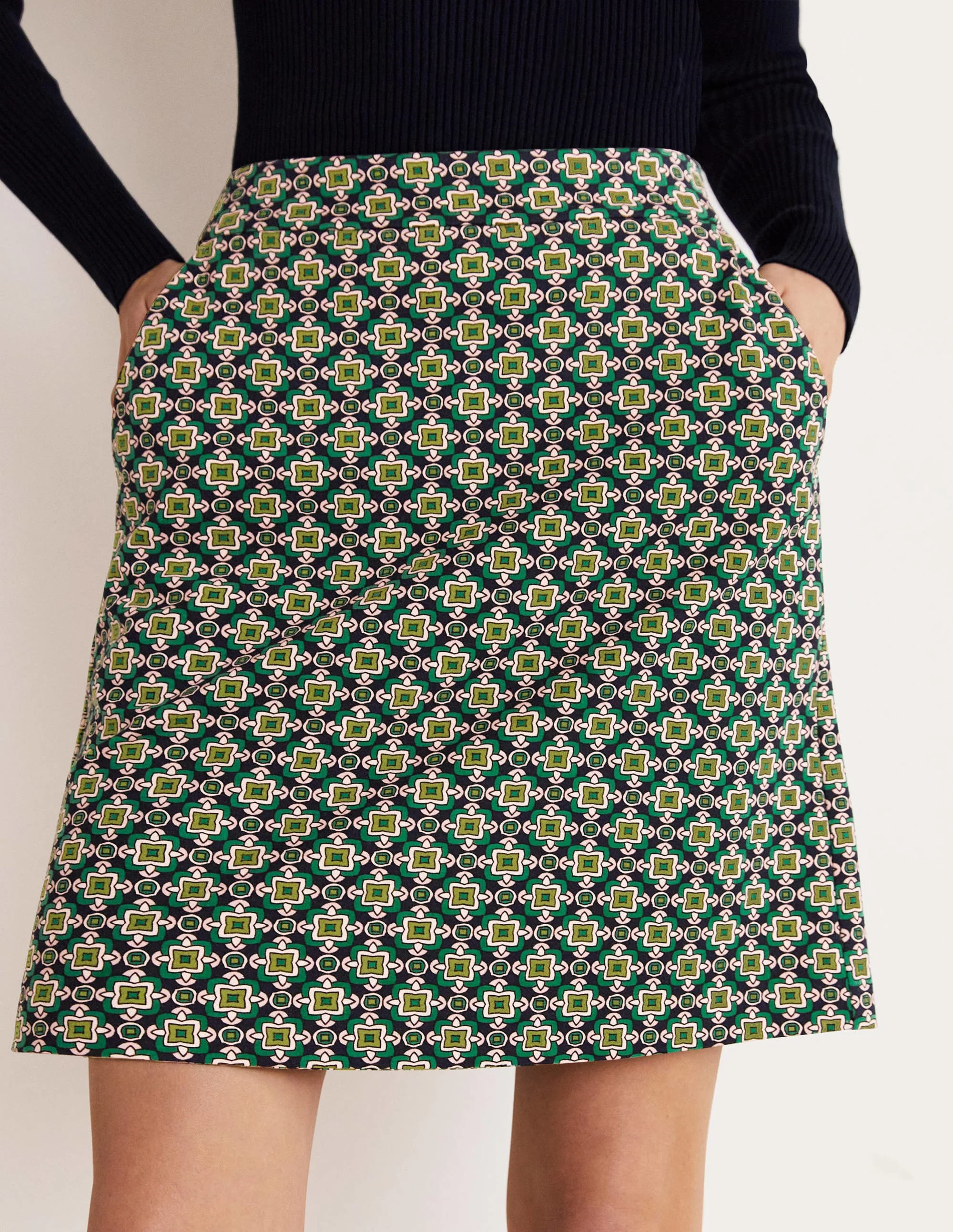 Ponte A-line Mini Skirt-Shady Glade Green, Square Geo - Image 4