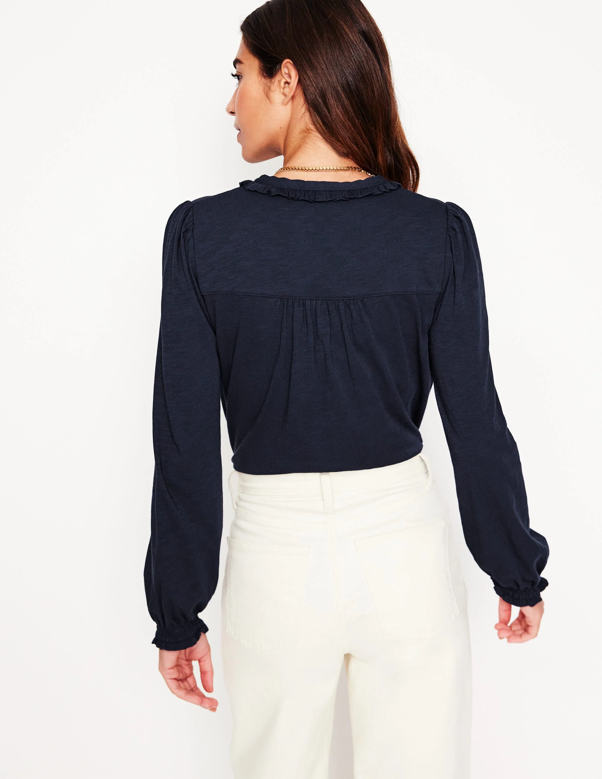 Poppy Ruffled Henley Top-Navy - Image 3
