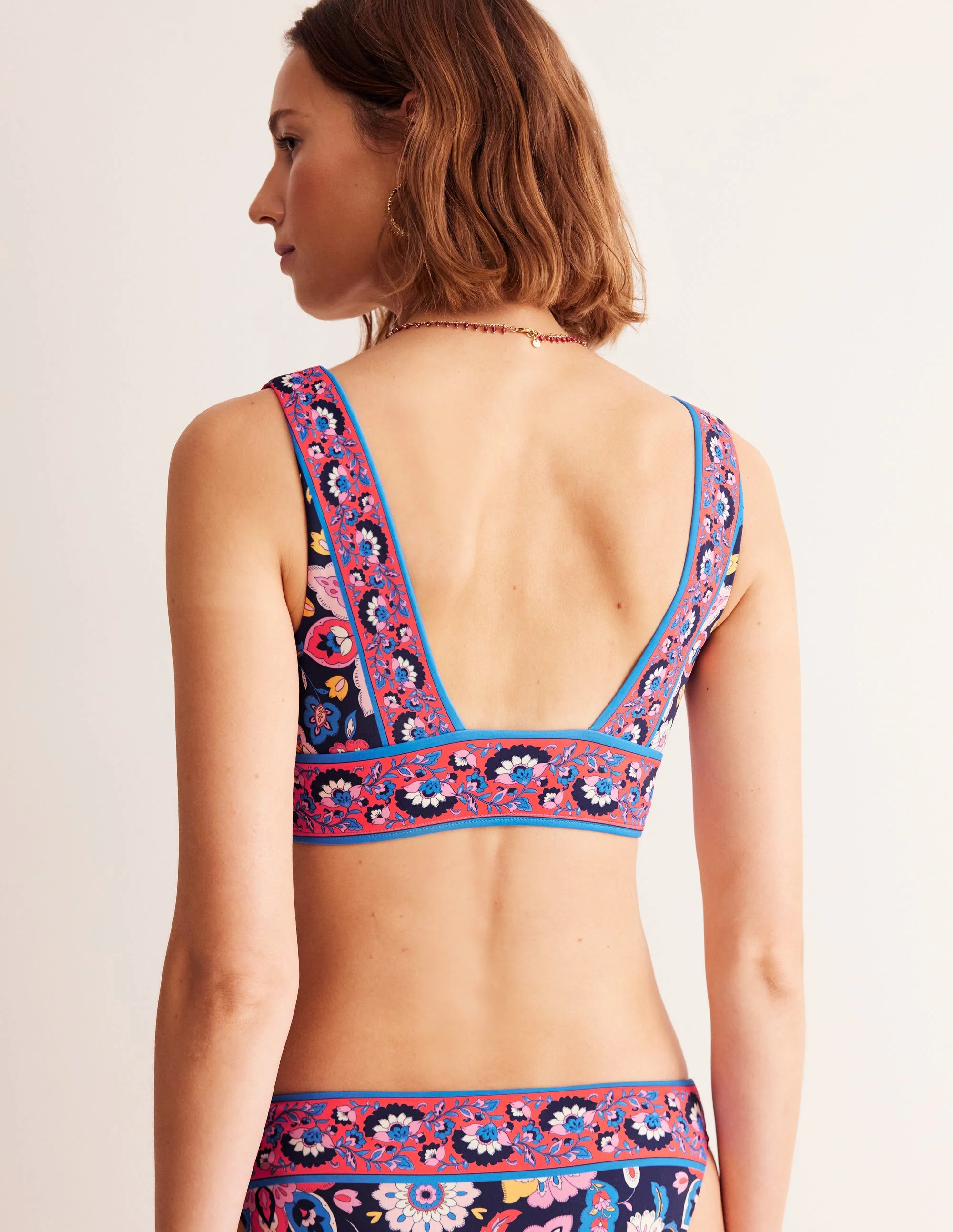 Porto V-neck Bikini Top-Mandarin Red, Botanical Sprig - Image 3