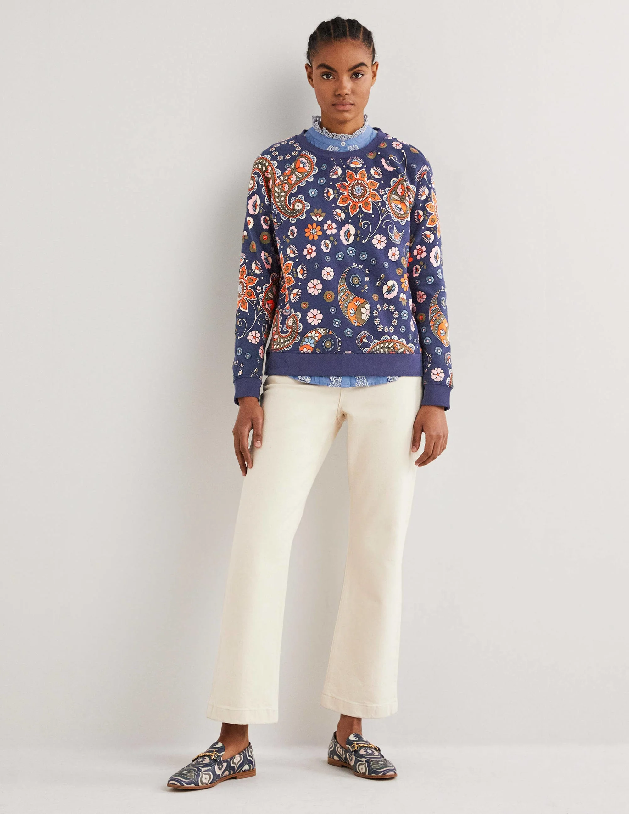 Printed Cotton Sweatshirt-French Navy, Passion Flower