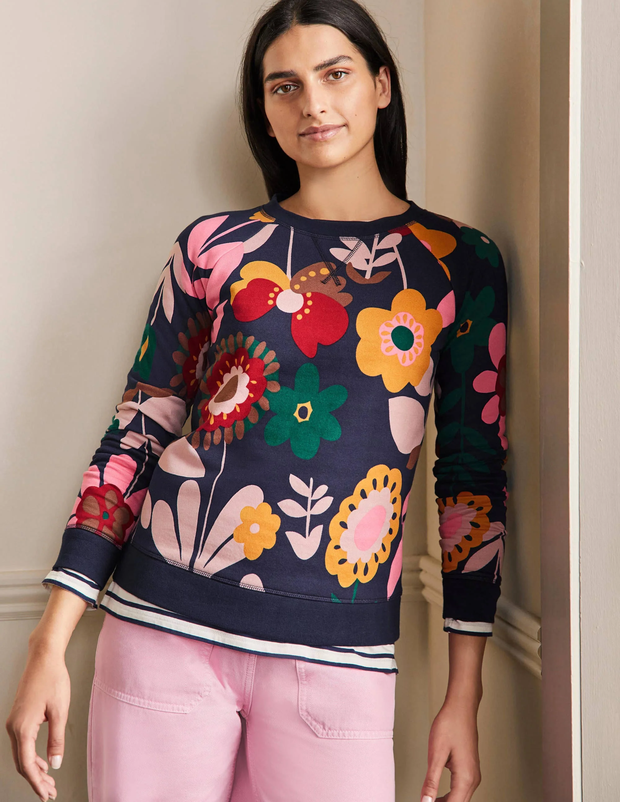 Printed Cotton Sweatshirt-Navy Flora Bloom