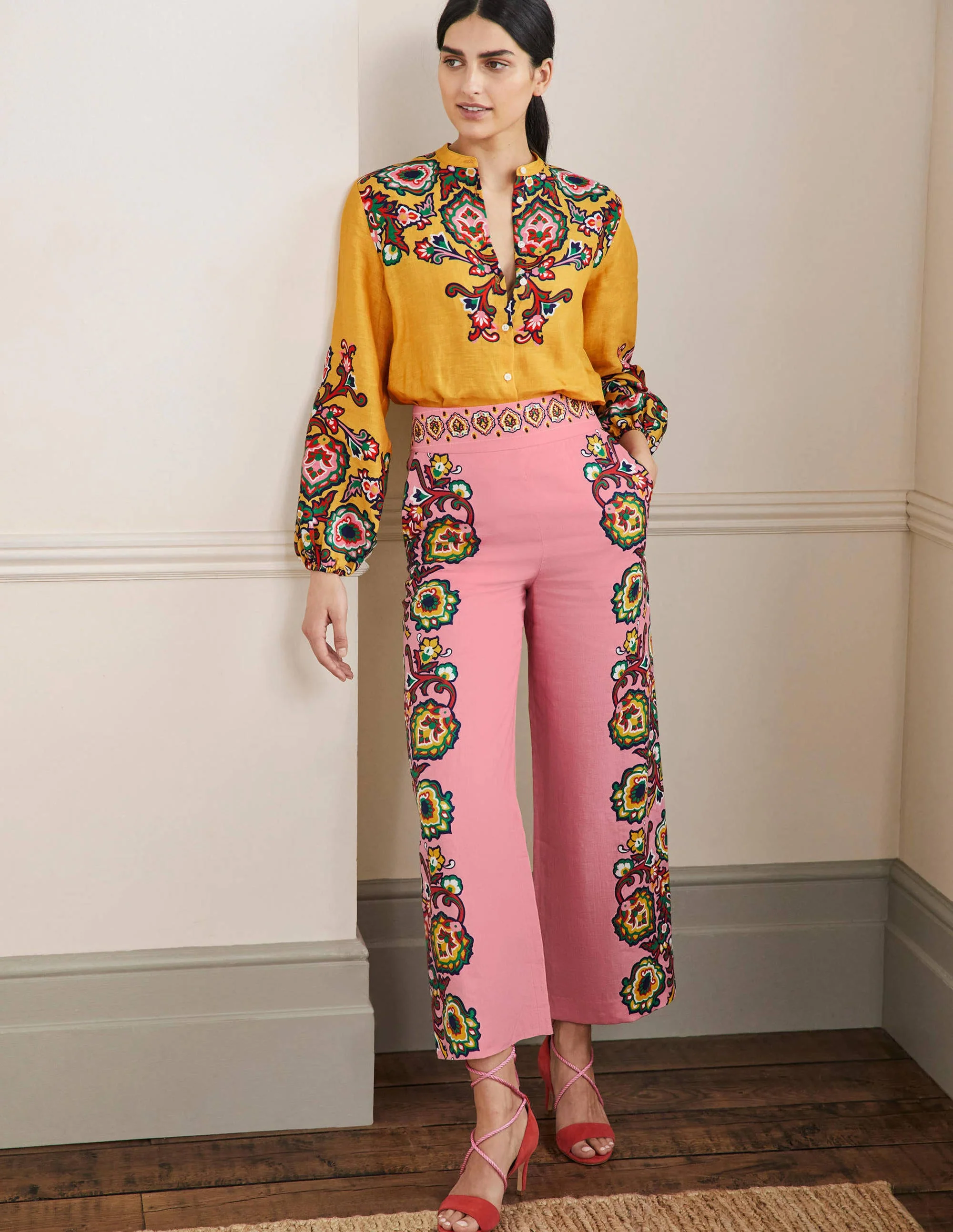 Printed Linen Pants-Azalea, Decorative Blooms