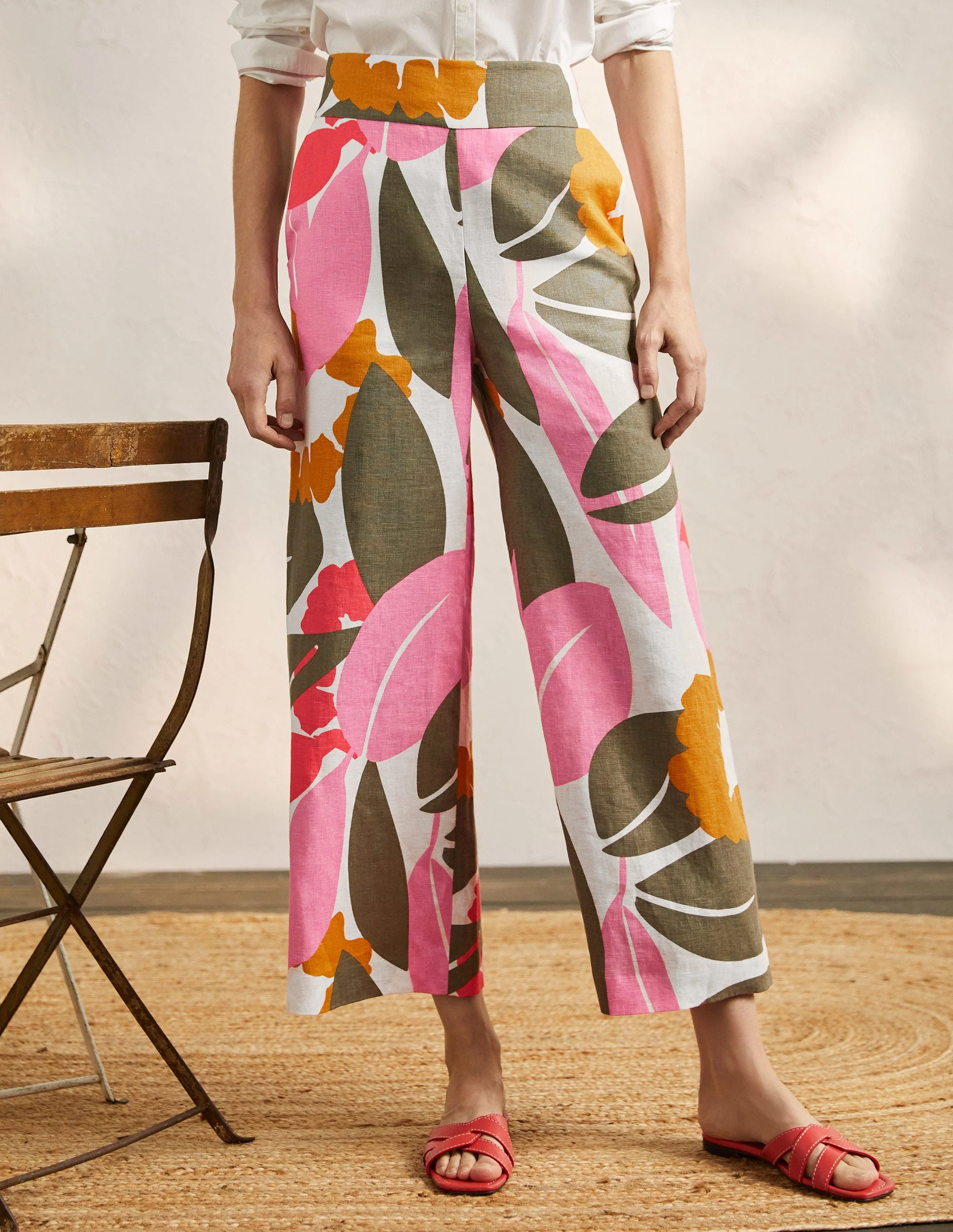 Printed Linen Pants-Ivory, Abstract Bloom - Image 4