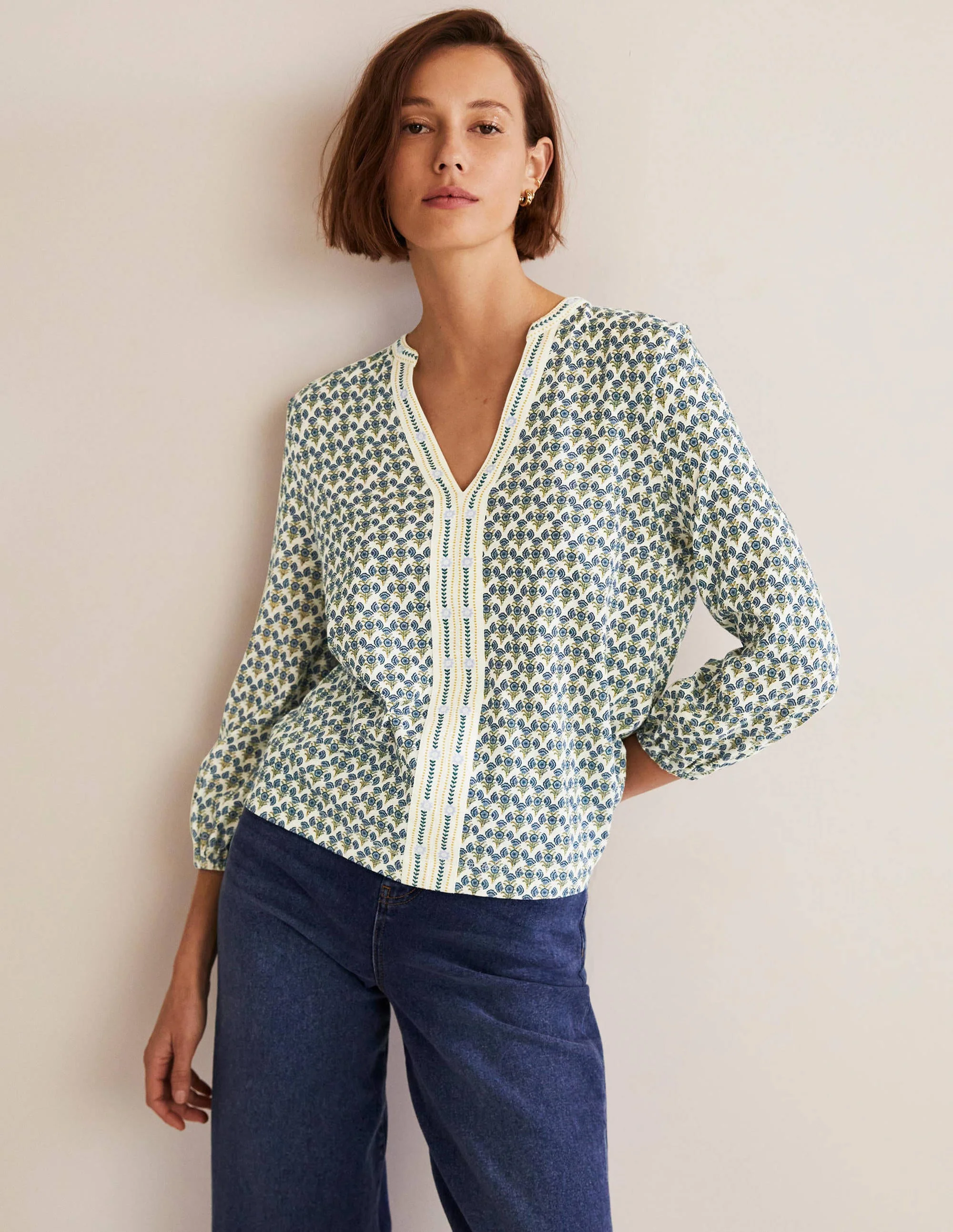 Printed Notch Neck Jersey Top-Chesapeake Bay, Poppy Geo