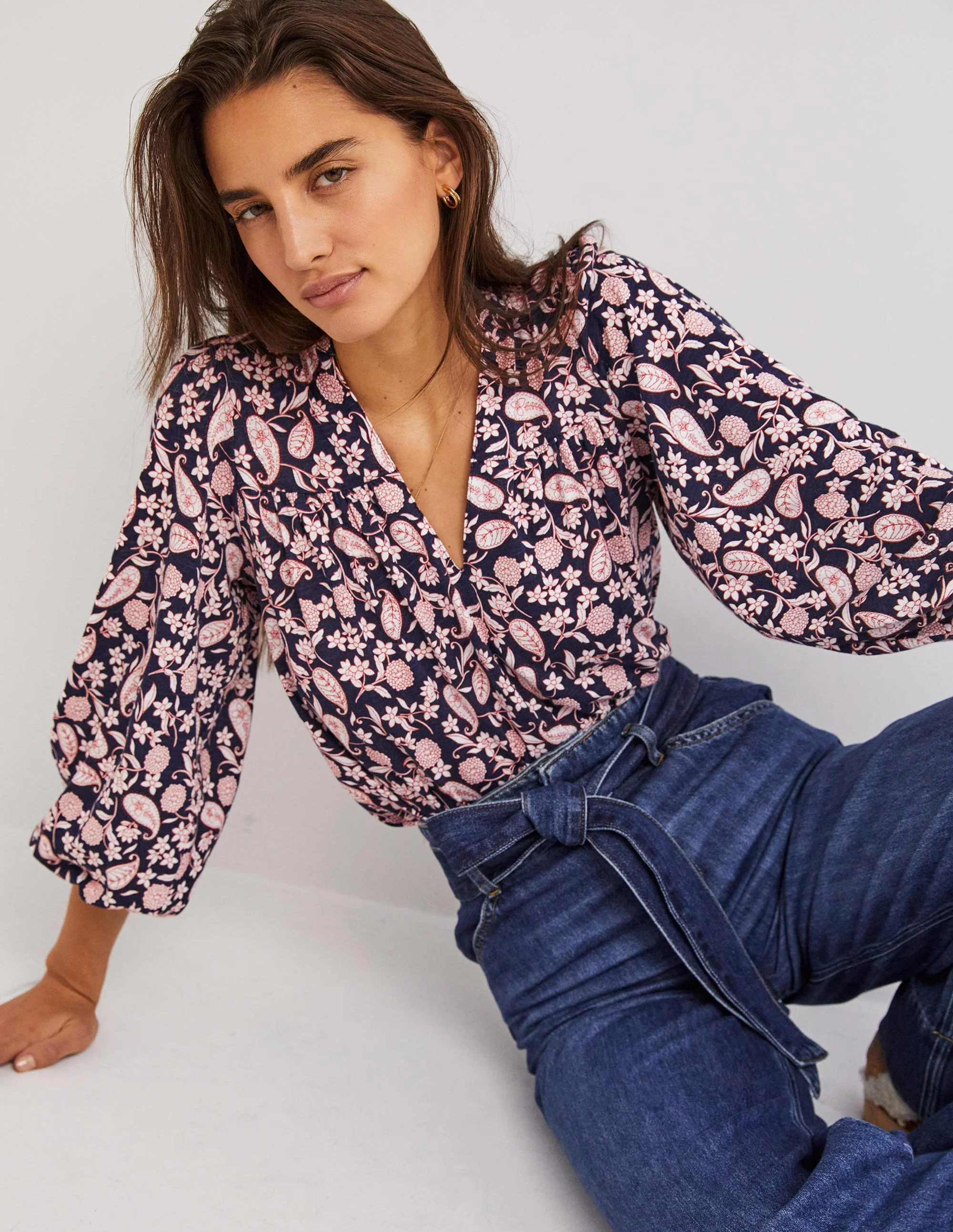 Printed Notch Neck Top-Navy, Flower Garden - Image 2