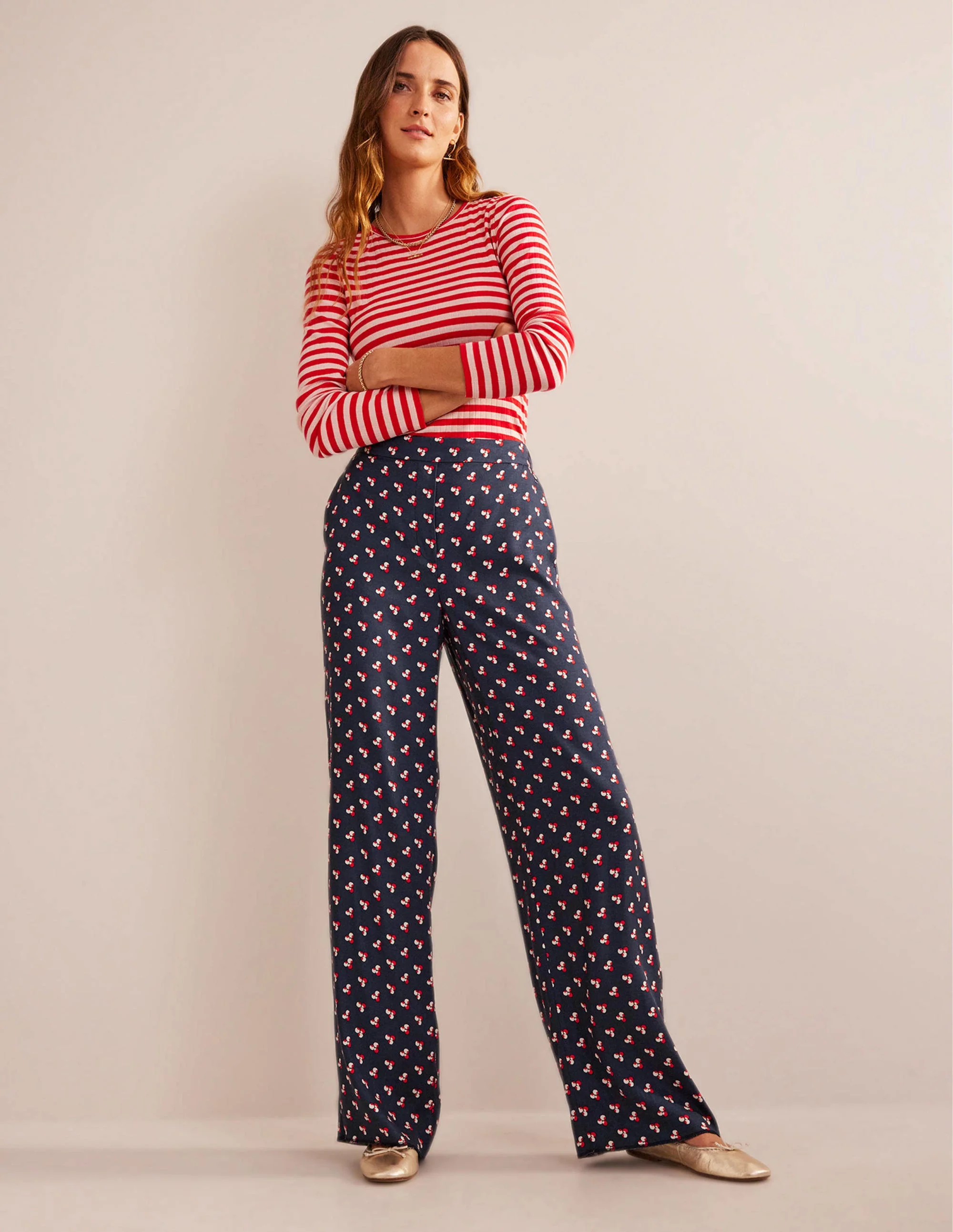 Printed Pull-On Pants-French Navy, Falling Dot