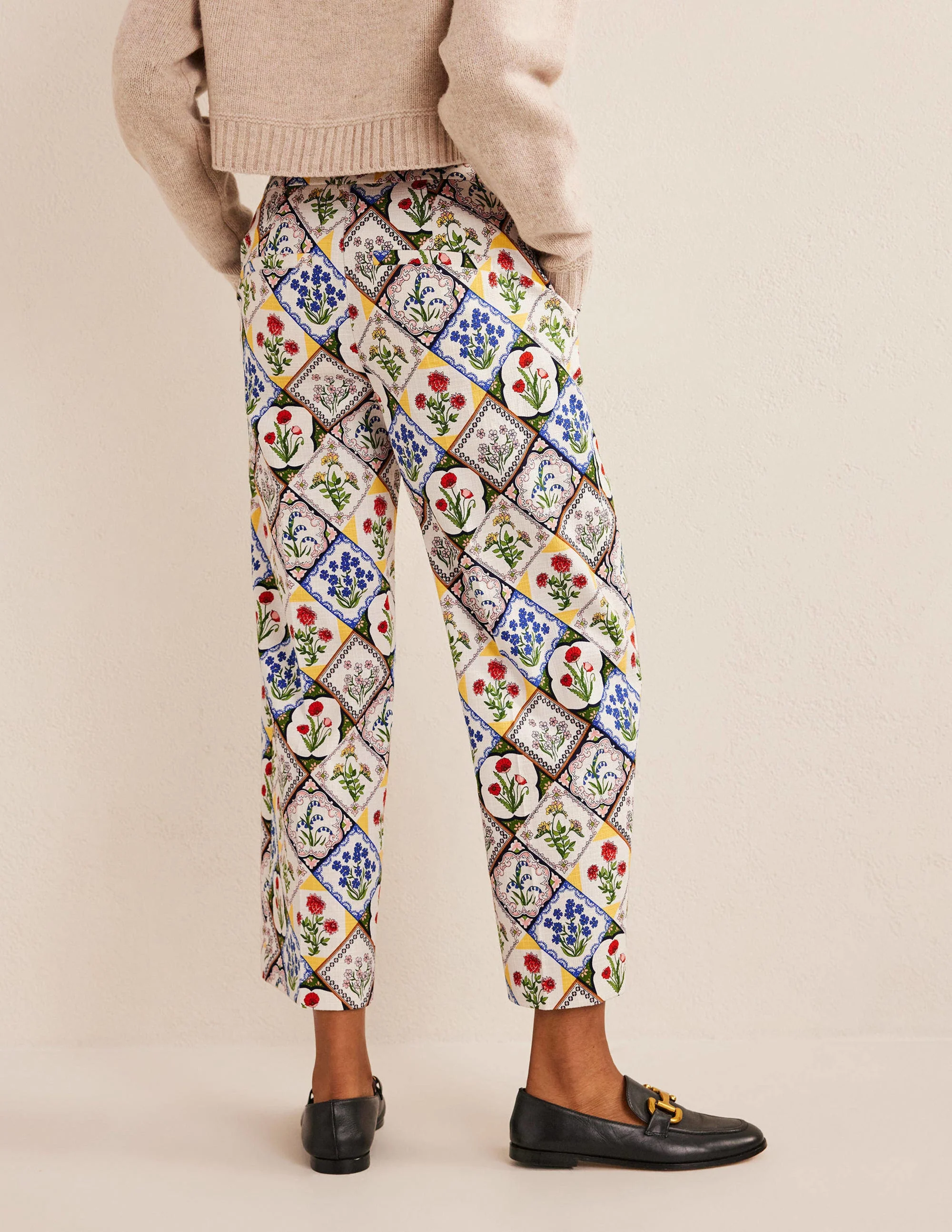 Printed Straight Pants-Ivory, White Bluebell - Image 3