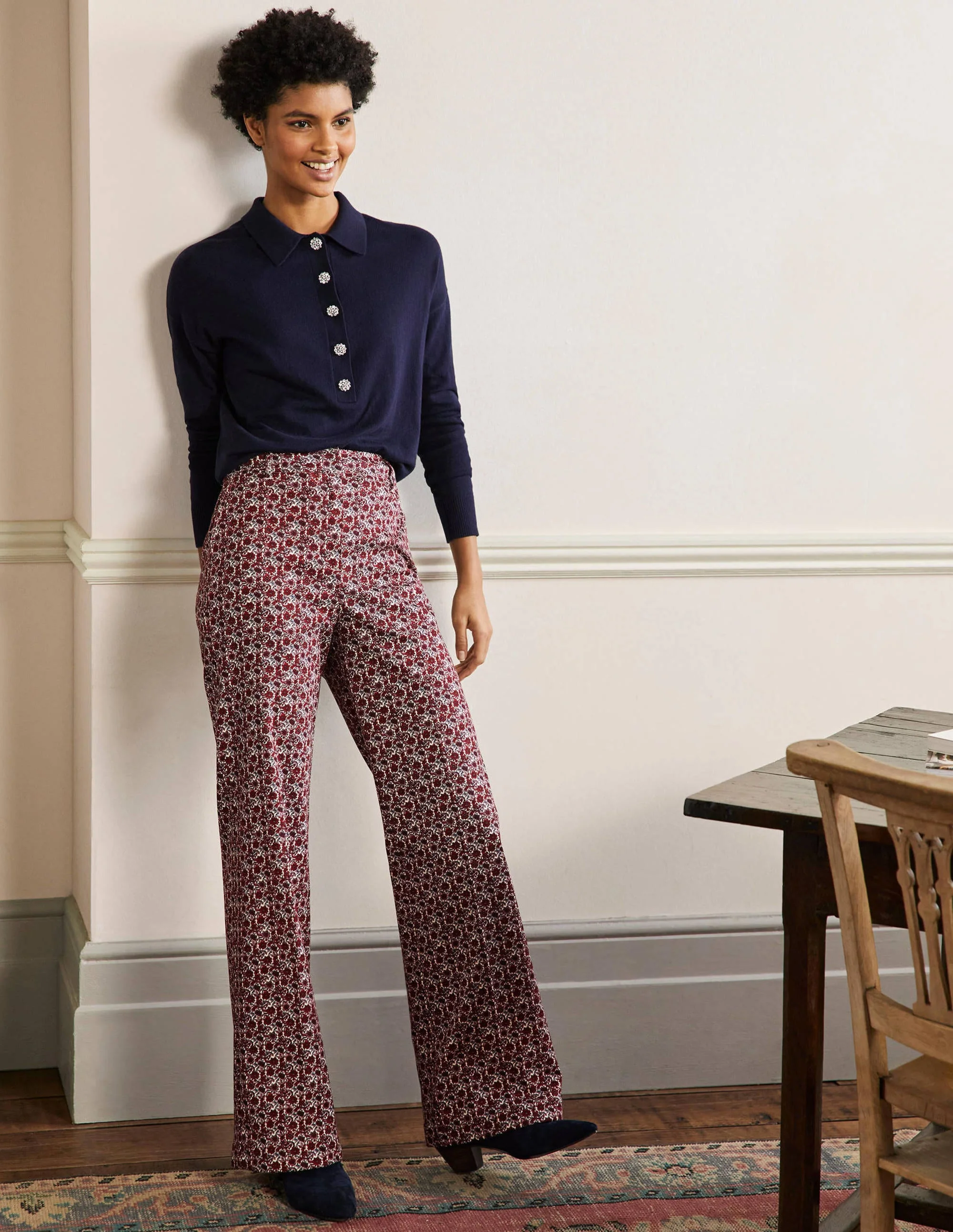 Printed Wideleg Pants-Red/Dusty Blue Floret Bloom