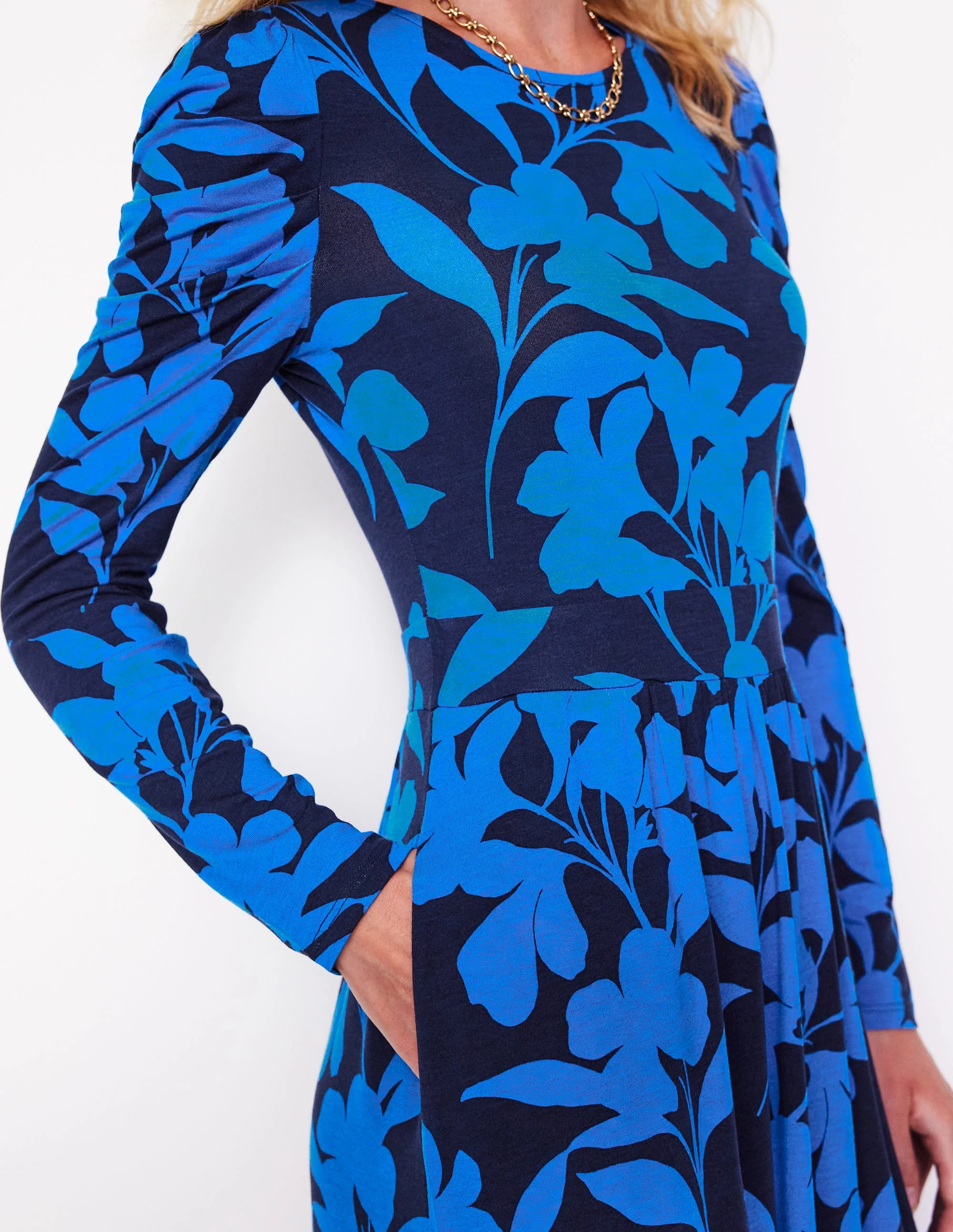 Puff Sleeve Blouson Dress-Navy, Silhouette Bloom - Image 2