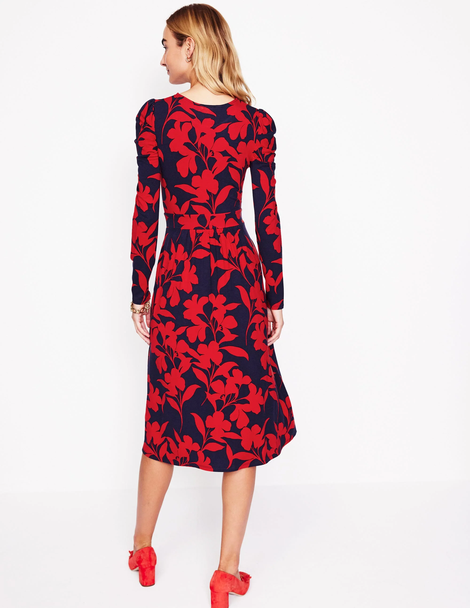 Puff Sleeve Blouson Dress-Red, Silhouette Bloom - Image 3