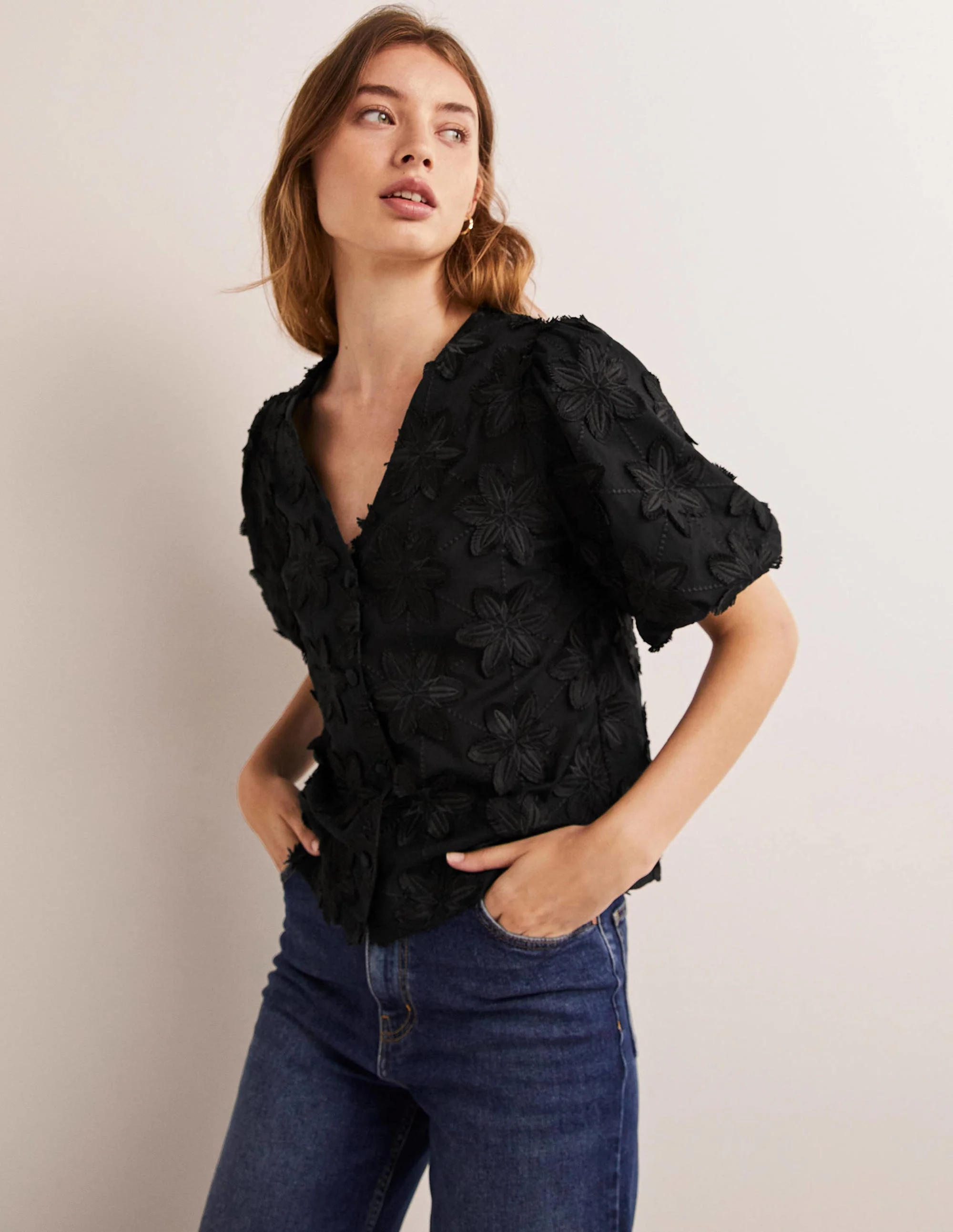 Puff Sleeve Button Blouse-Black